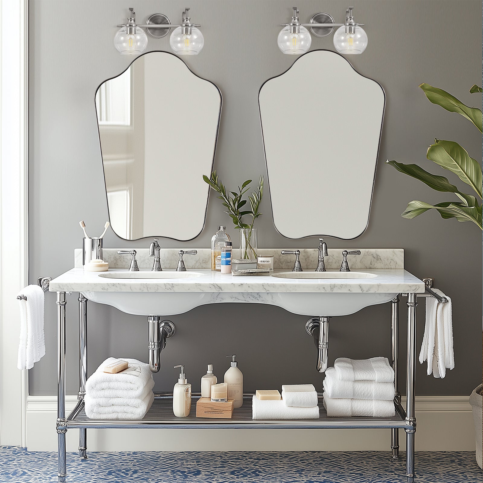 Contemporary Dual Arch Wall Mirror Irregular Scalloped Bathroom Mirror | Stainless Steel Frame