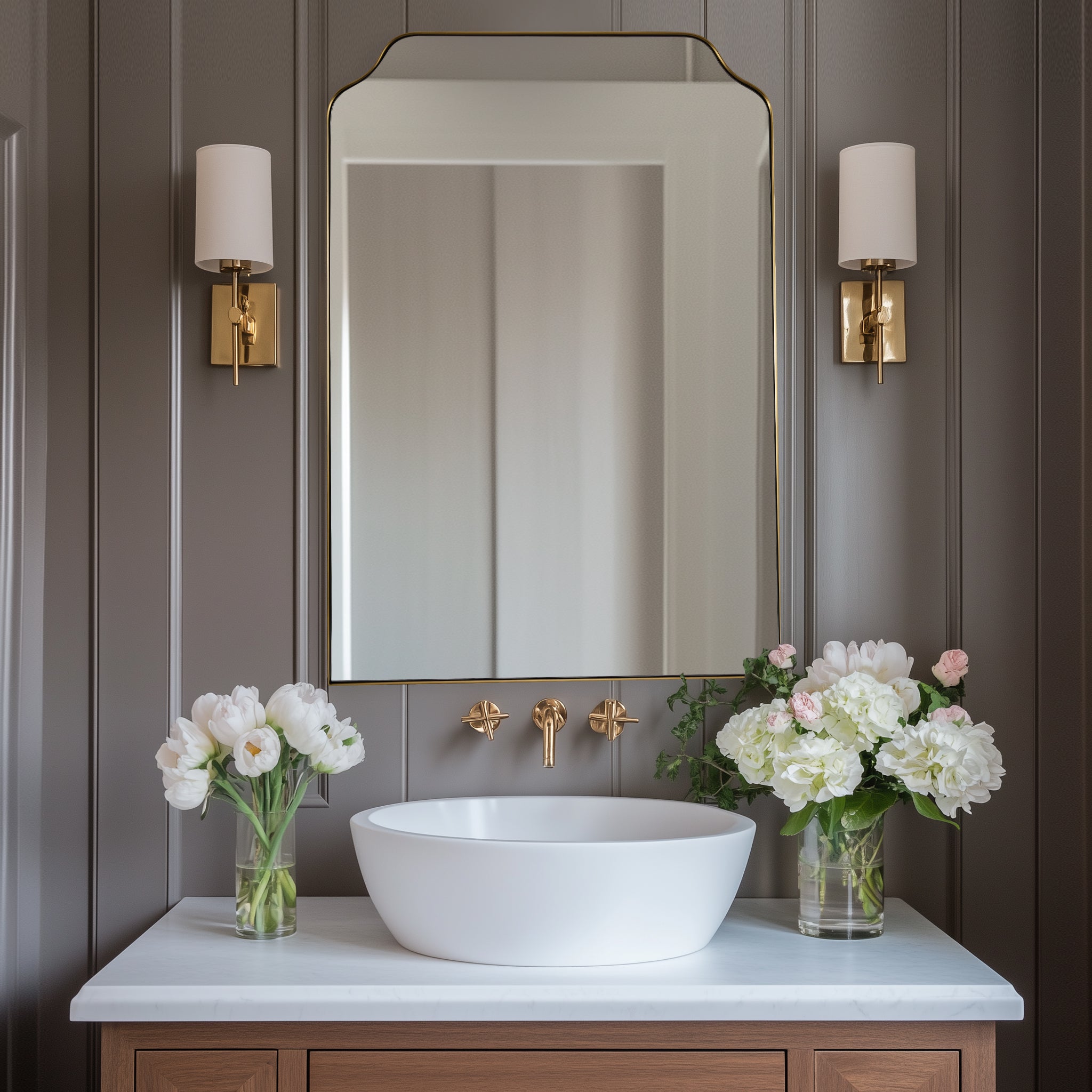 Modern Top Notched Corner Scalloped Bathroom Rectangle Vanity Wall Mirror | Stainless Steel Frame