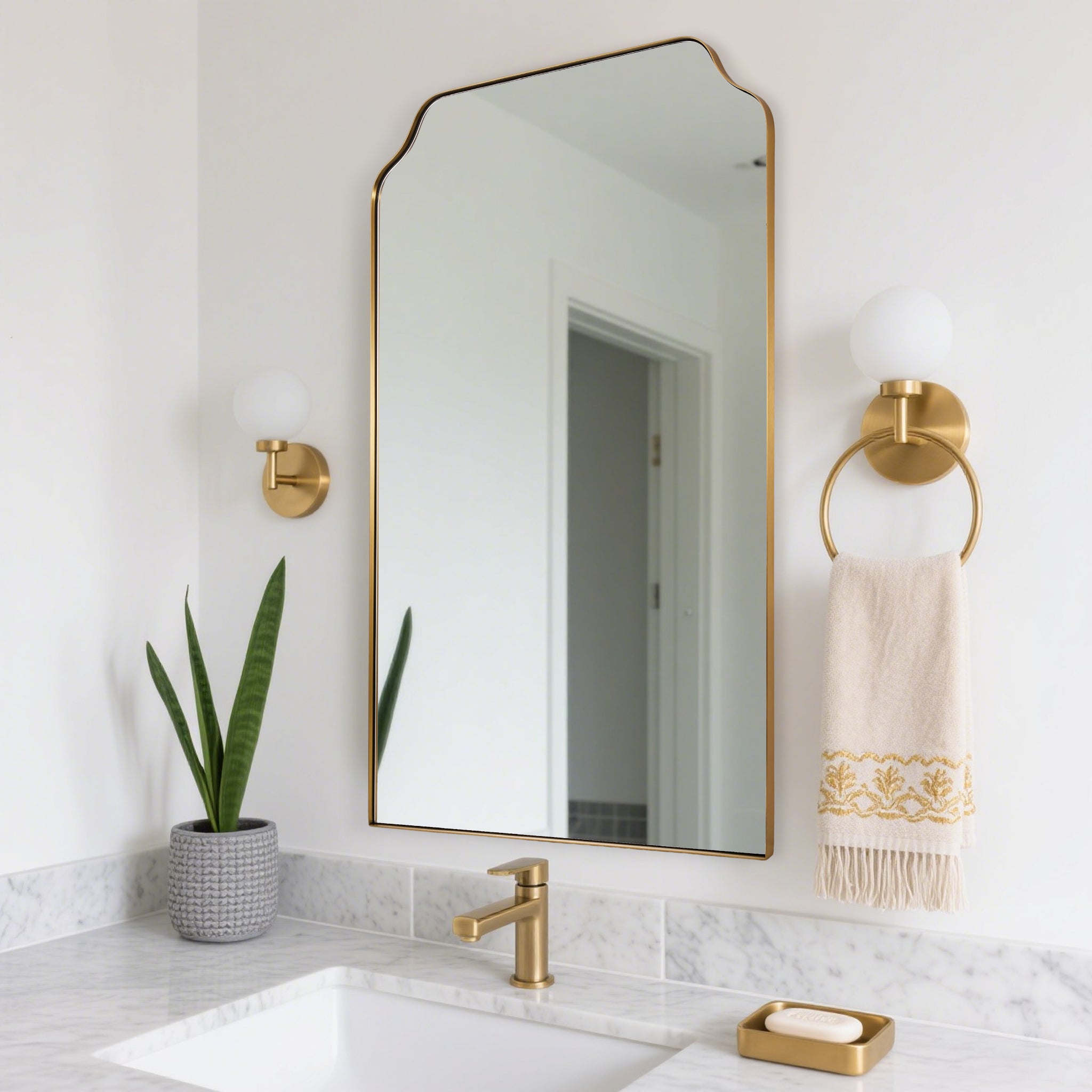 Modern Top Notched Corner Scalloped Bathroom Rectangle Vanity Wall Mirror | Stainless Steel Frame