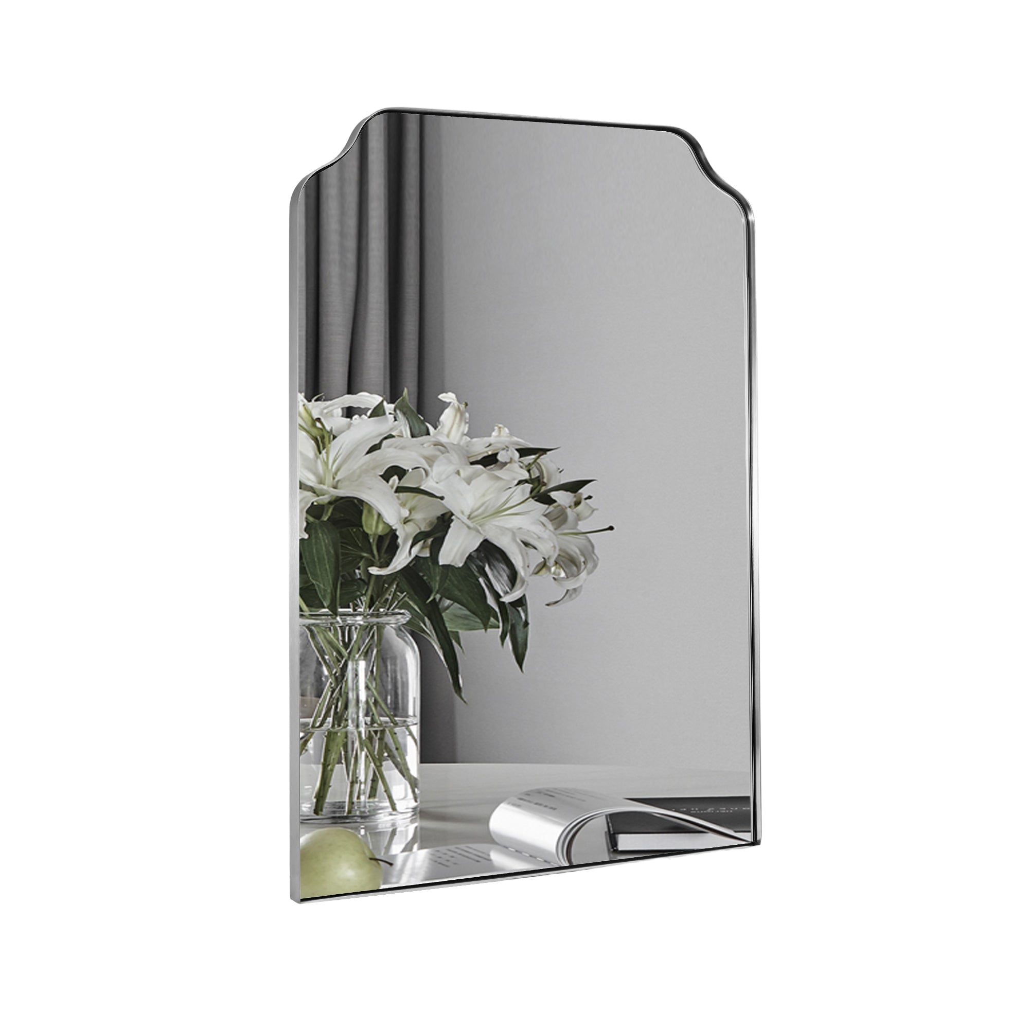 Modern Top Notched Corner Scalloped Bathroom Rectangle Vanity Wall Mirror | Stainless Steel Frame