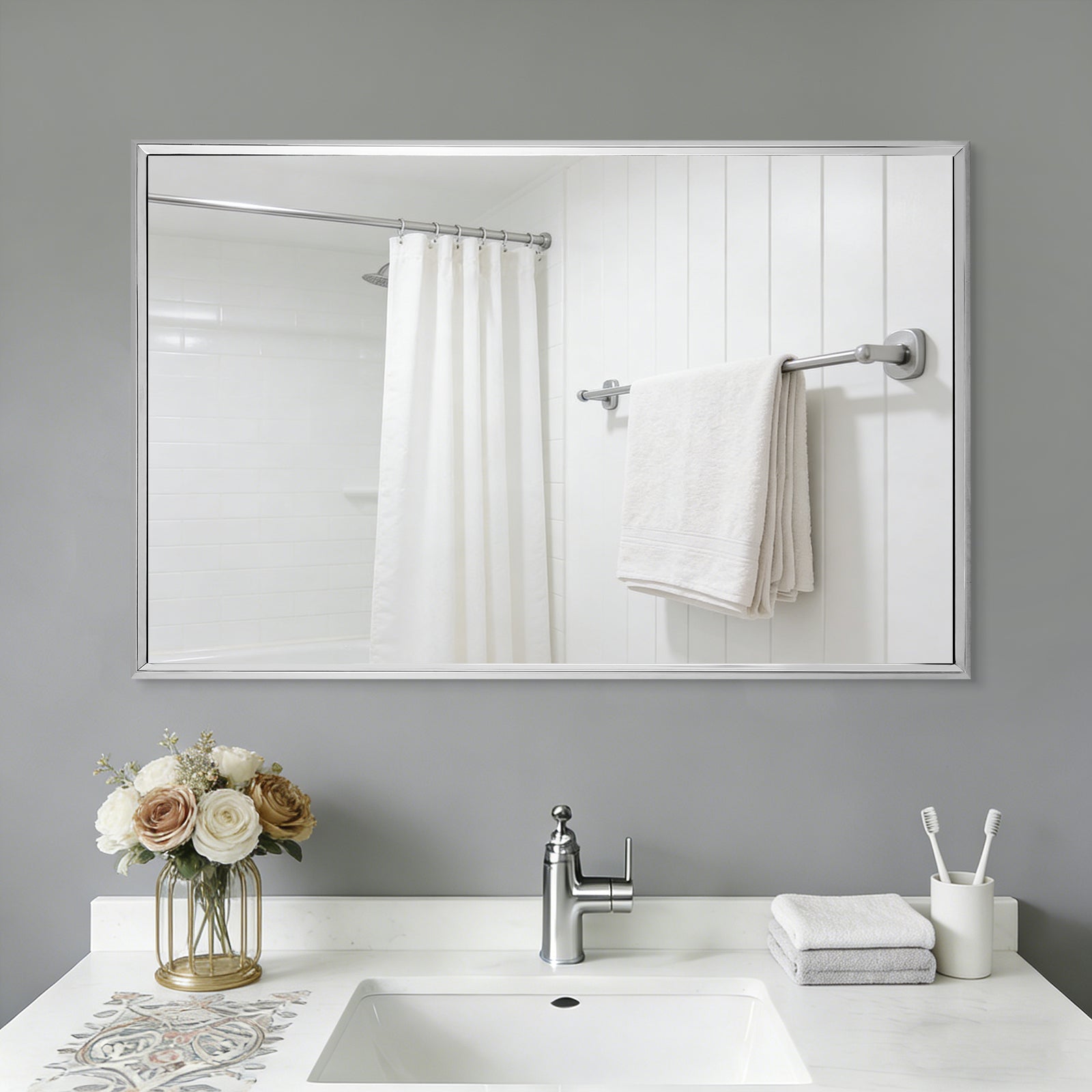 Luxury Beveled Stainless Steel Framed Rectangular Bathroom Vanity Mirror