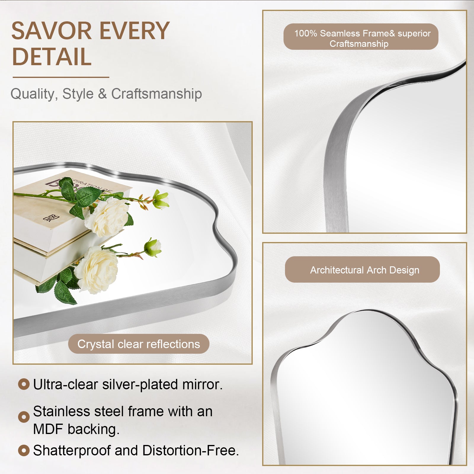 Contemporary Dual Arch Wall Mirror Irregular Scalloped Bathroom Mirror | Stainless Steel Frame