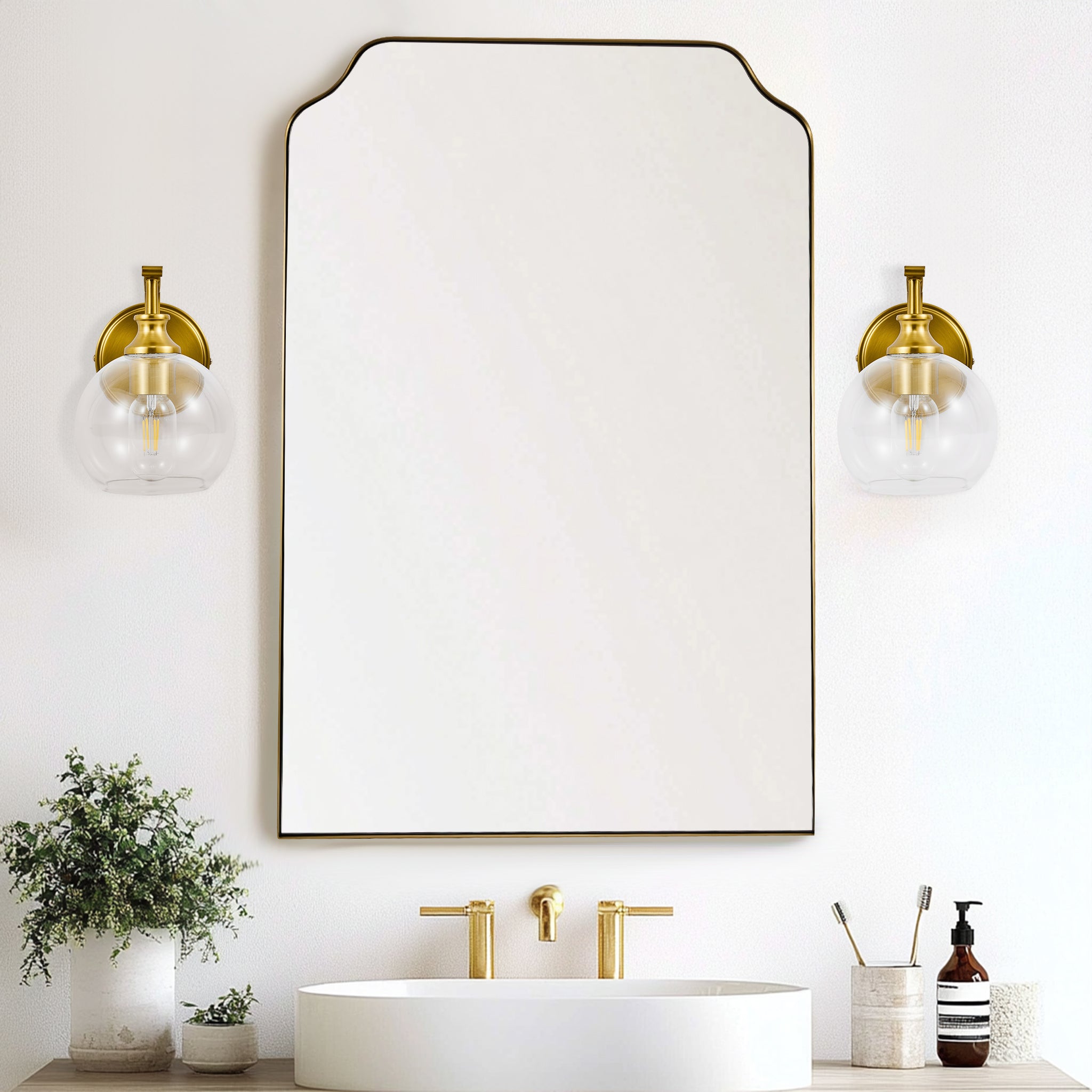 Modern Top Notched Corner Scalloped Bathroom Rectangle Vanity Wall Mirror | Stainless Steel Frame
