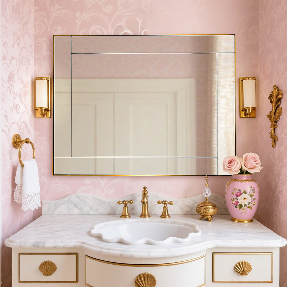 Contemporary Geometric Glass Tile Rectangular Bathroom Vanity Mirror | Stainless Steel Frame