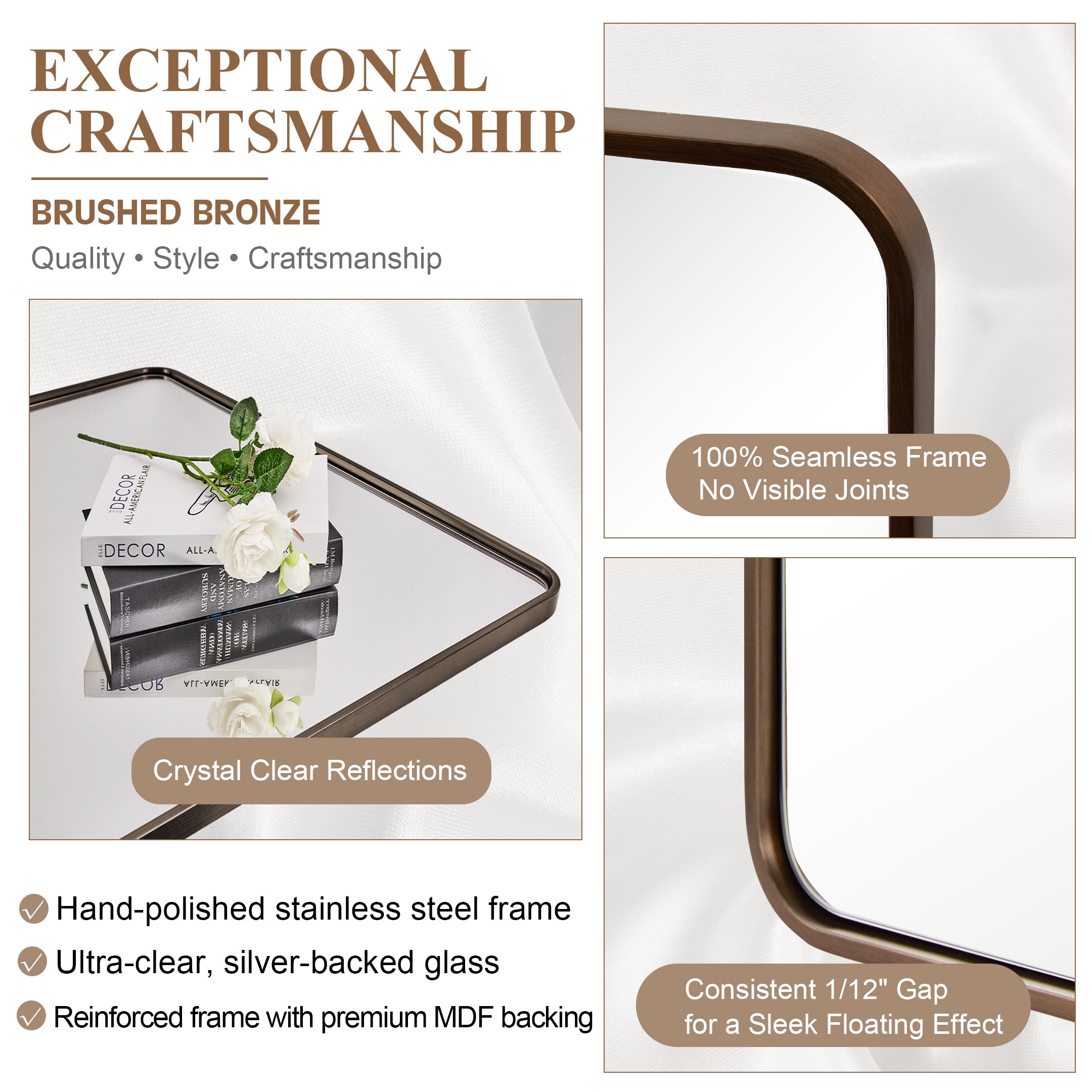 Contemporary Rounded Rectangular Bathroom Wall Mirror |Thicker Stainless Steel Framed