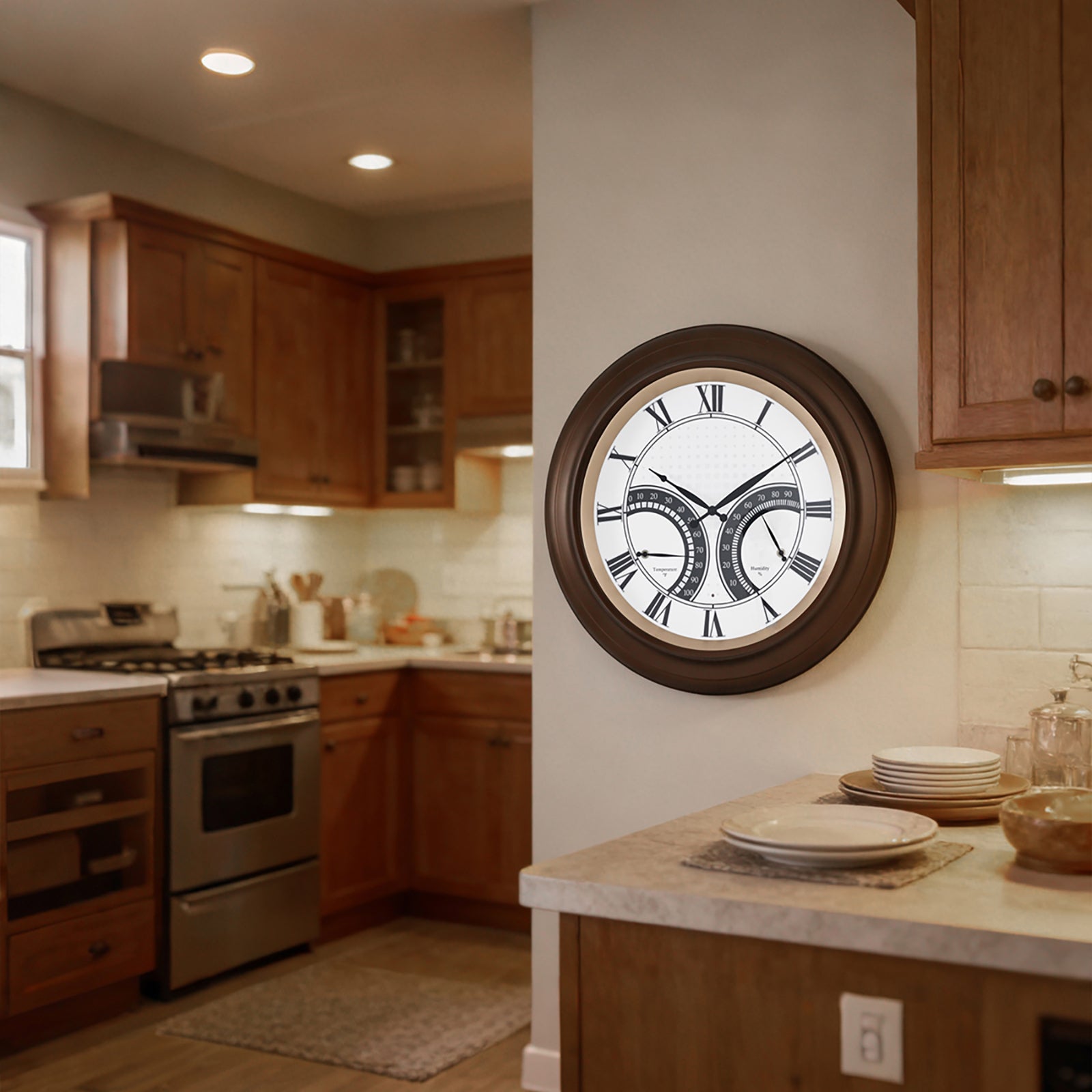 24 Inch Outdoor Wall Clock Large Waterproof Illuminated Clock with Thermometer,Square Grid Dial