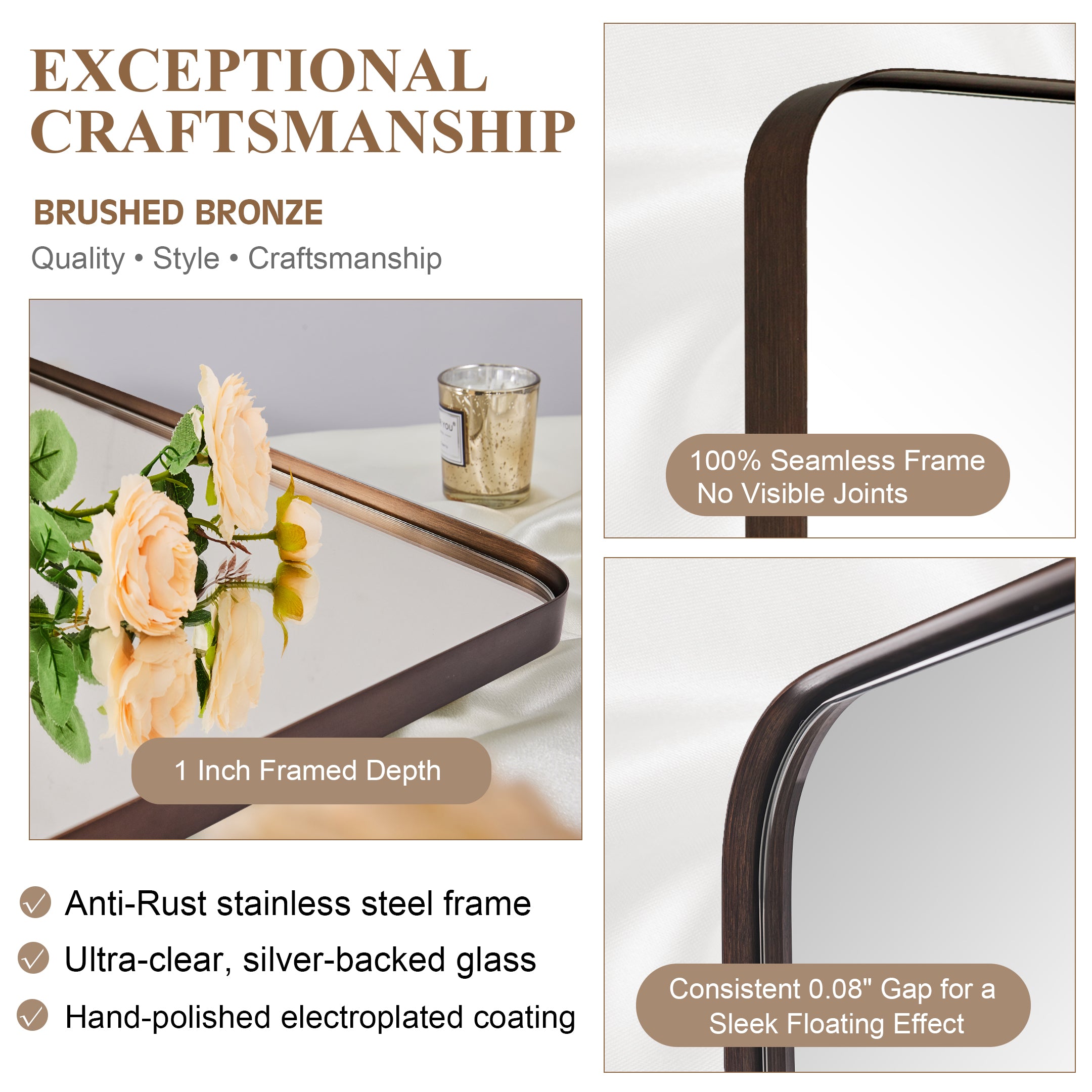 Modern Rounded Rectangle Mirror for Bathroom/ Vanity/ Wall | Stainless Steel Frame