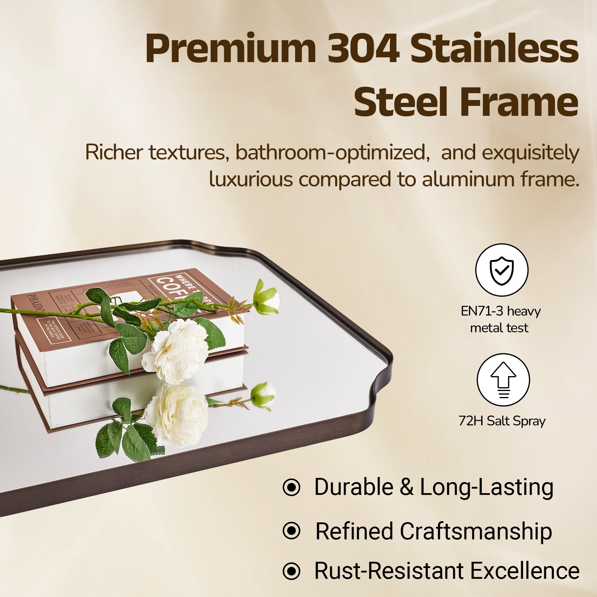 Contemporary Notched Corner Rectangle Scalloped Mirror for Wall /Bathroom | Stainless Steel Frame