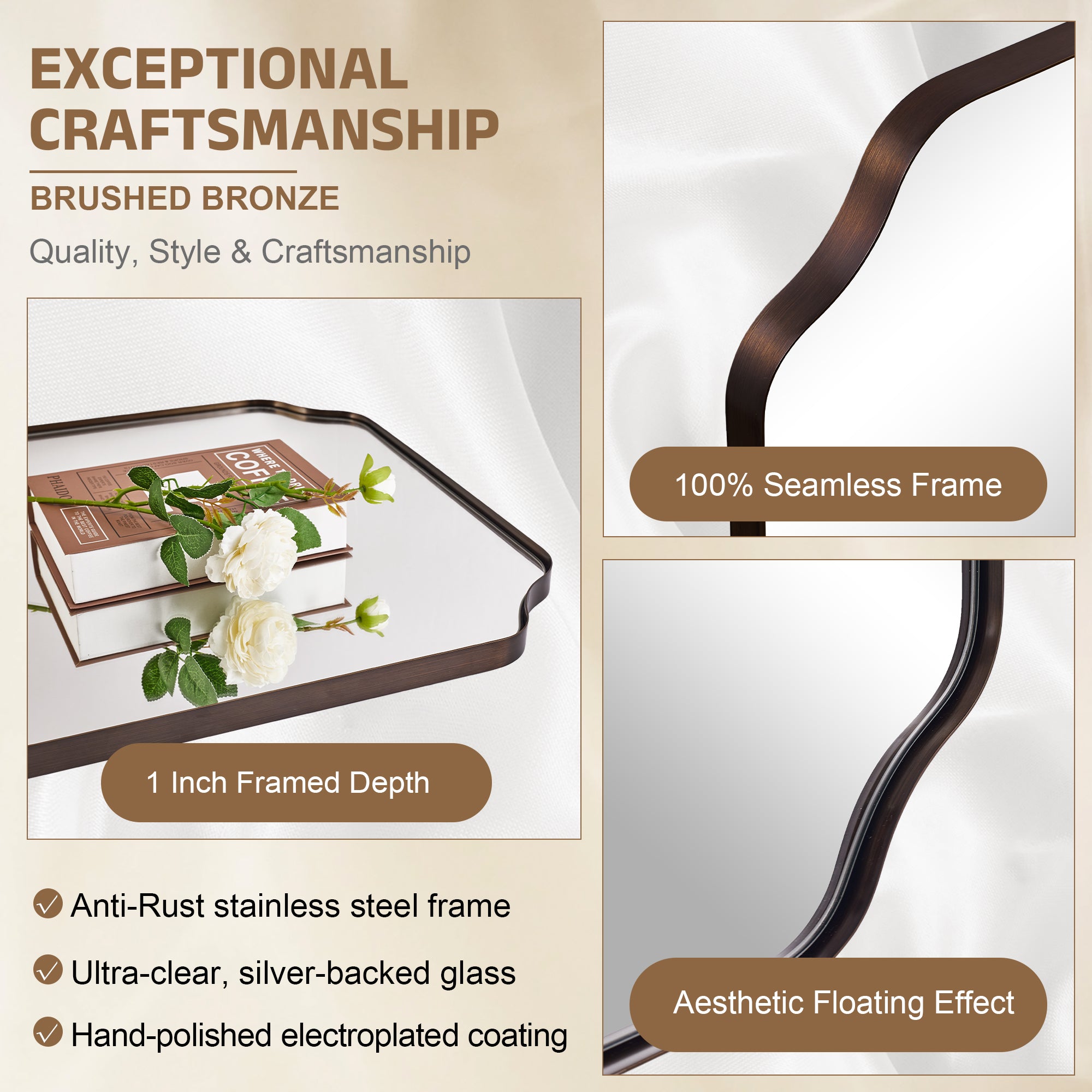 Contemporary Notched Corner Rectangle Scalloped Mirror for Wall /Bathroom | Stainless Steel Frame