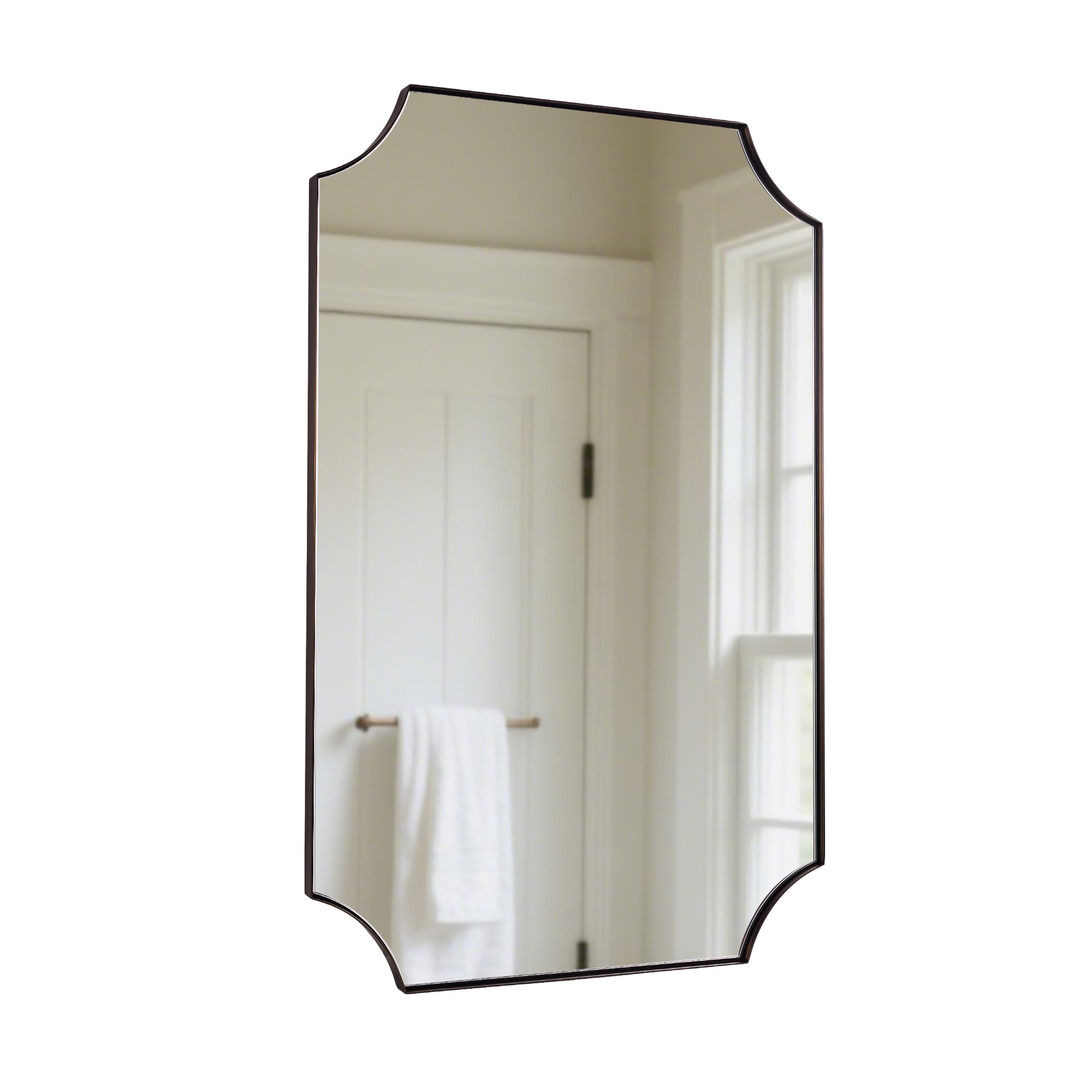 Contemporary Rounded Notched Corner Scalloped Rectangle Bathroom Vanity Mirror | Stainless Steel Frame