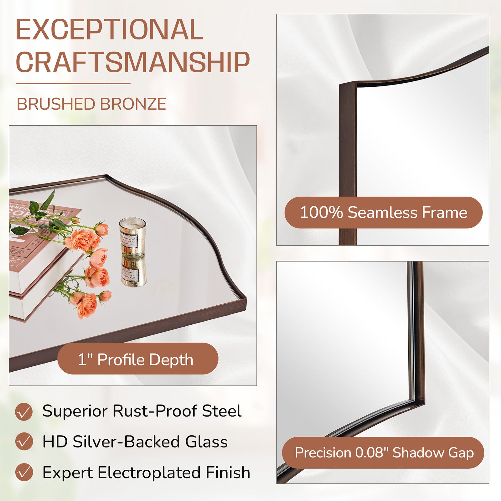 Dual Curve Arch Rectangular Scalloped Bathroom Wall Mirror |Stainless Steel Framed