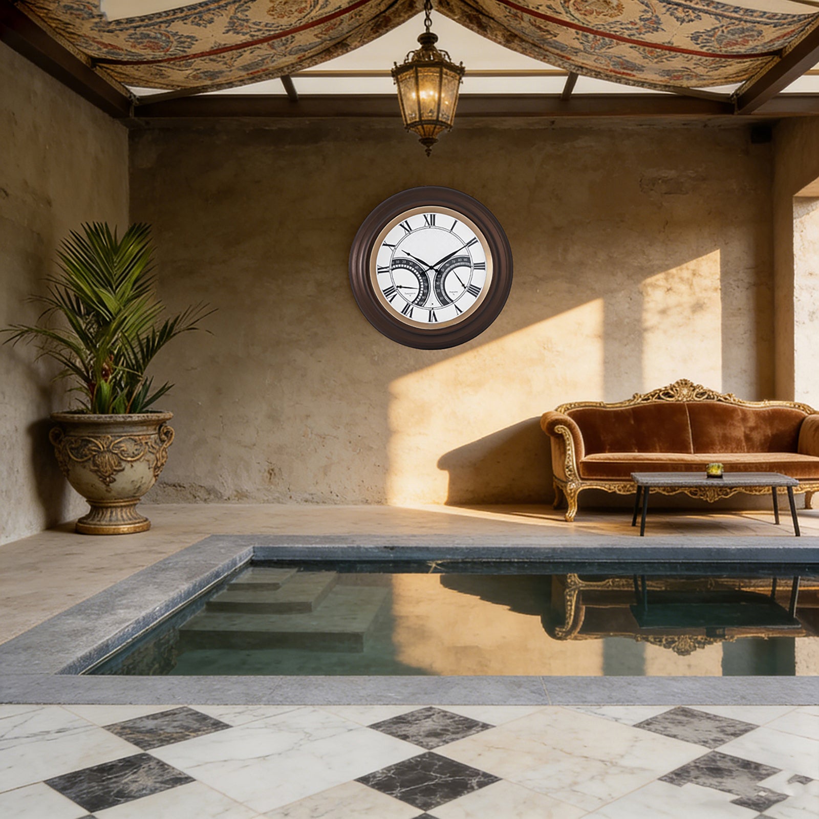 24 Inch Outdoor Wall Clock Large Waterproof Illuminated Clock with Thermometer,Geometric Dial