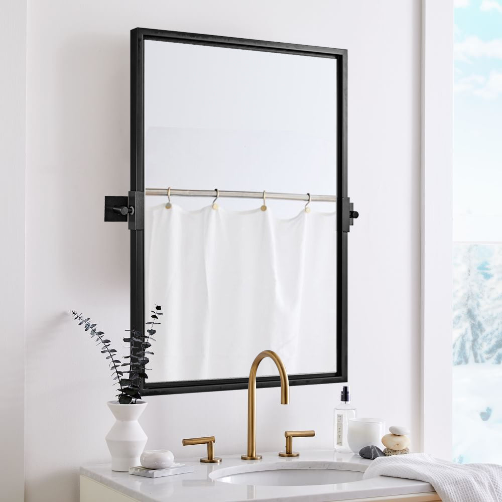 Matte Black Rustic Wooden Rectangular Pivot Wall Mirrors for Bathroom