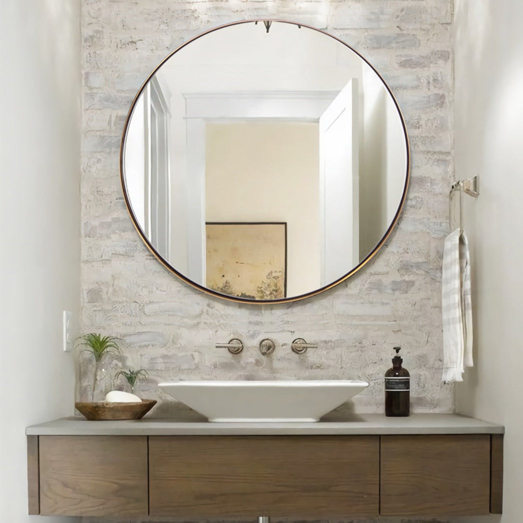 Contemporary Round Mirror for Bathroom | Stainless Steel Frame
