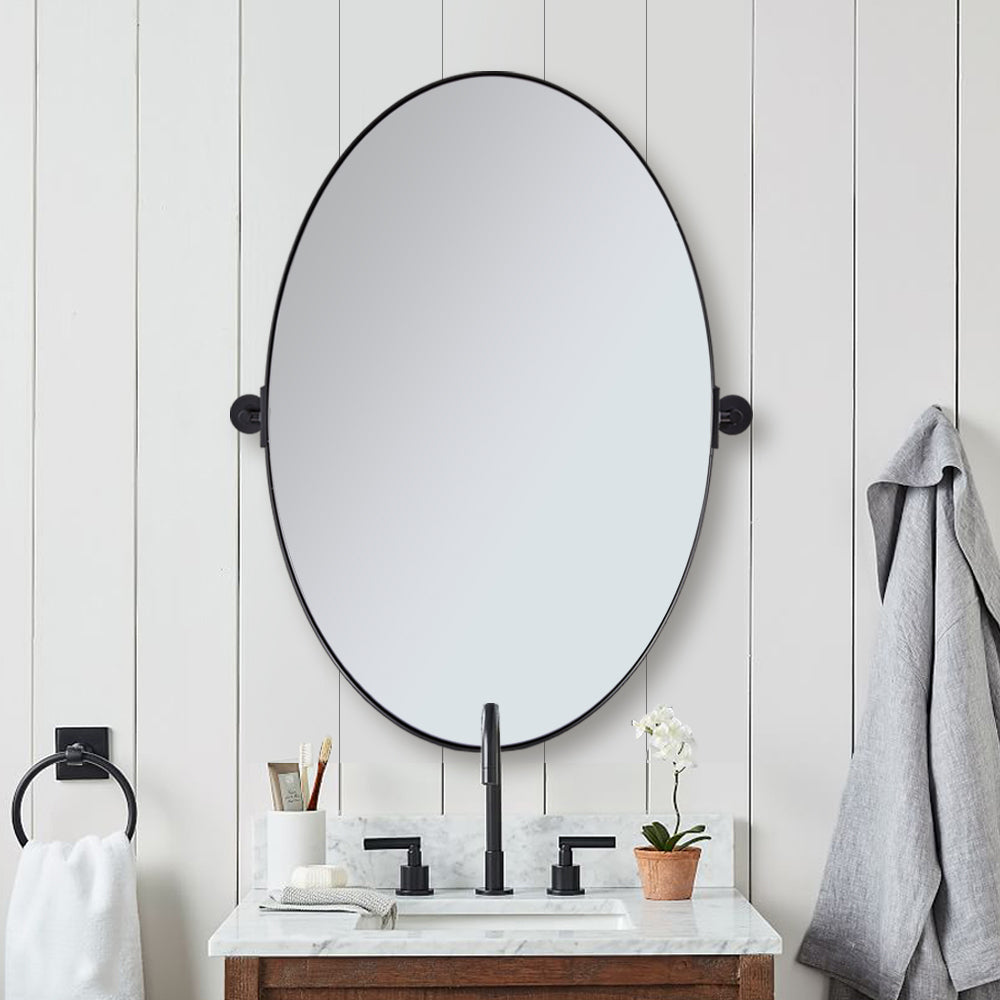 Bathroom Oval Pivot Mirror Black Metal Frame Titling Wall Mirror