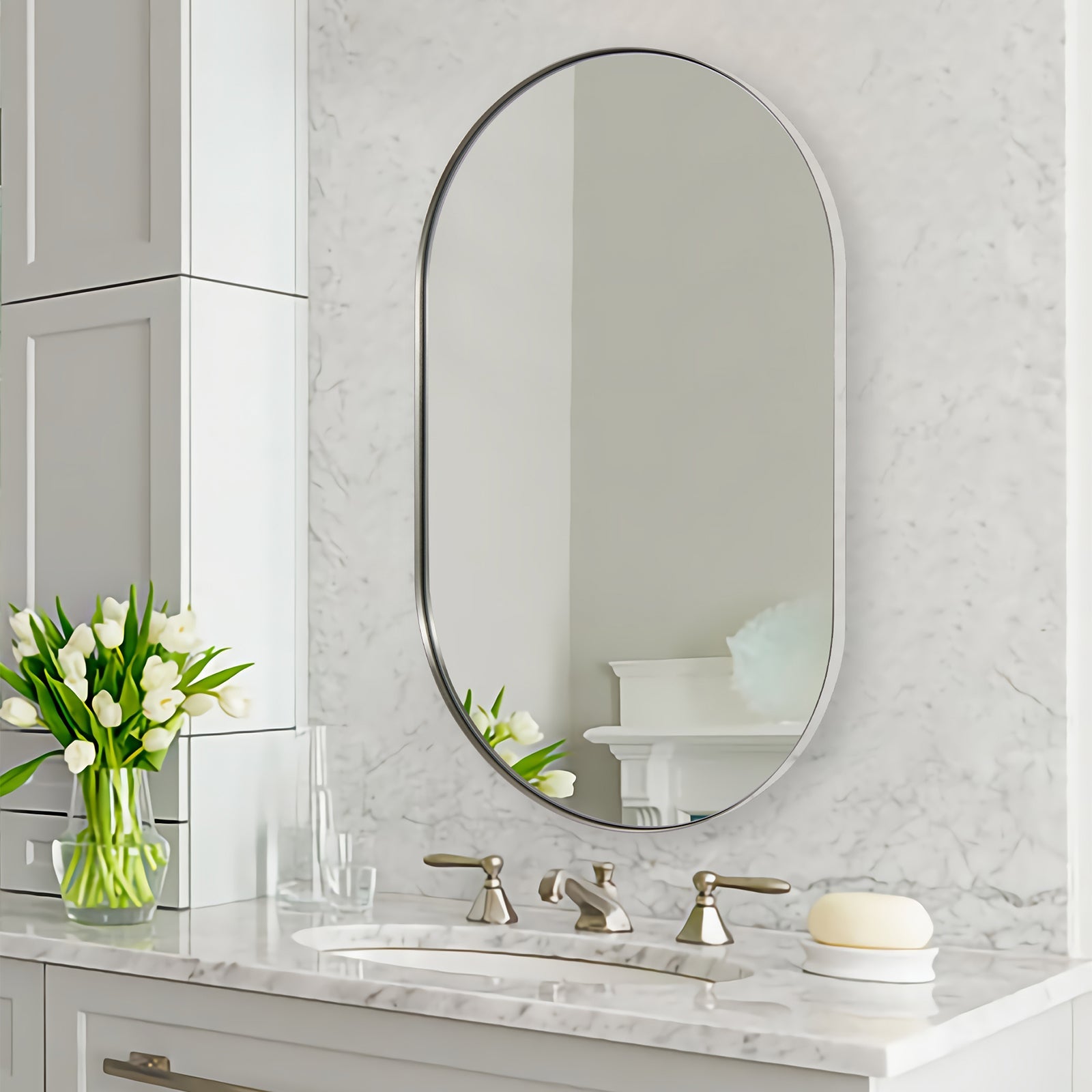 Open Box Like New : Contemporary Pill / Capsule Shaped Bathroom Wall Mirrors | Stainless Steel Framed