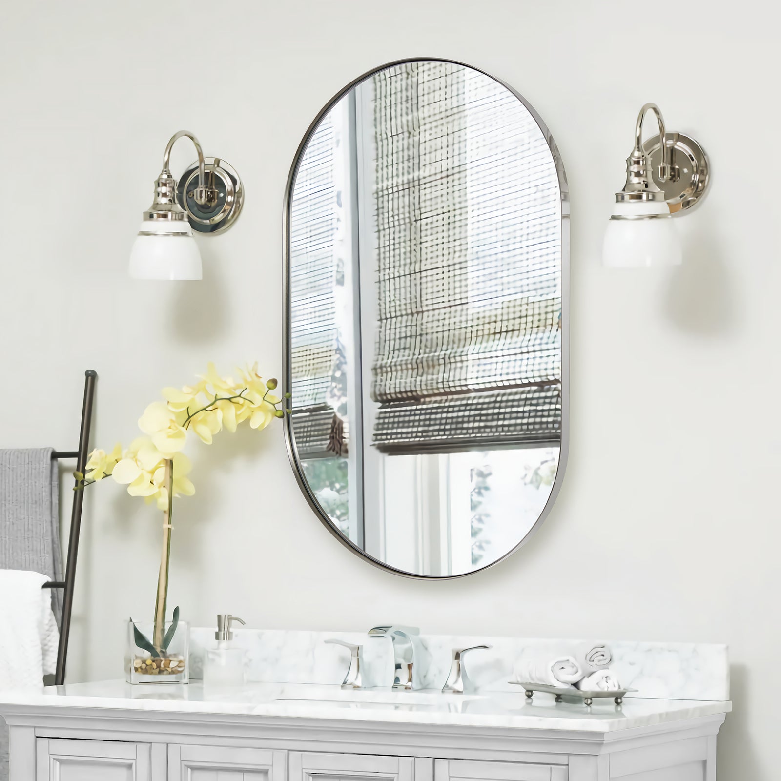 Open Box Like New : Contemporary Pill / Capsule Shaped Bathroom Wall Mirrors | Stainless Steel Framed