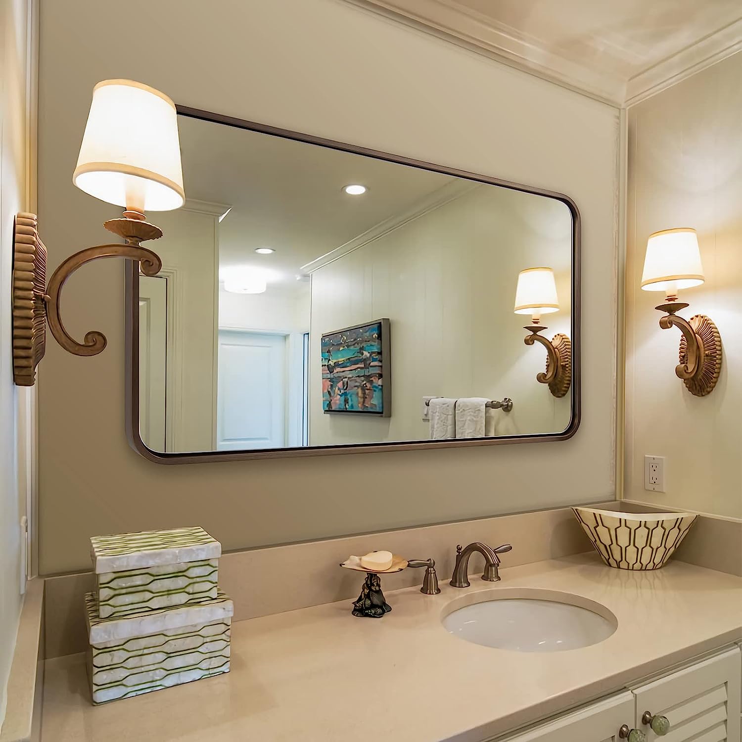 Contemporary Rounded Rectangular Bathroom Wall Mirror |Thicker Stainless Steel Framed