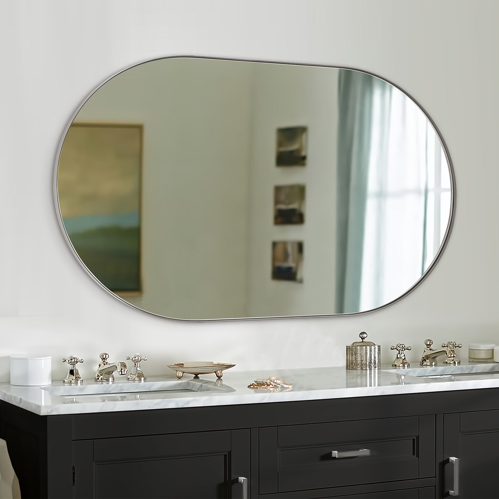 Contemporary Pill / Capsule Shaped Bathroom Wall Mirrors | Stainless Steel Framed