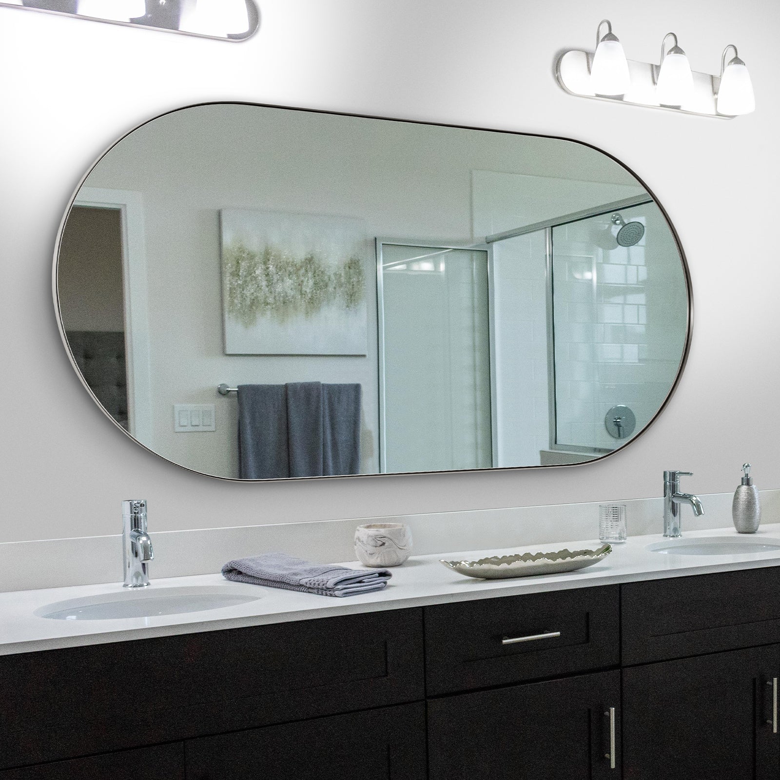 Modern Pill Shaped Capsule Wall Mirrors Long Oval Bathroom Vanity Mirror | Stainless Steel Frame
