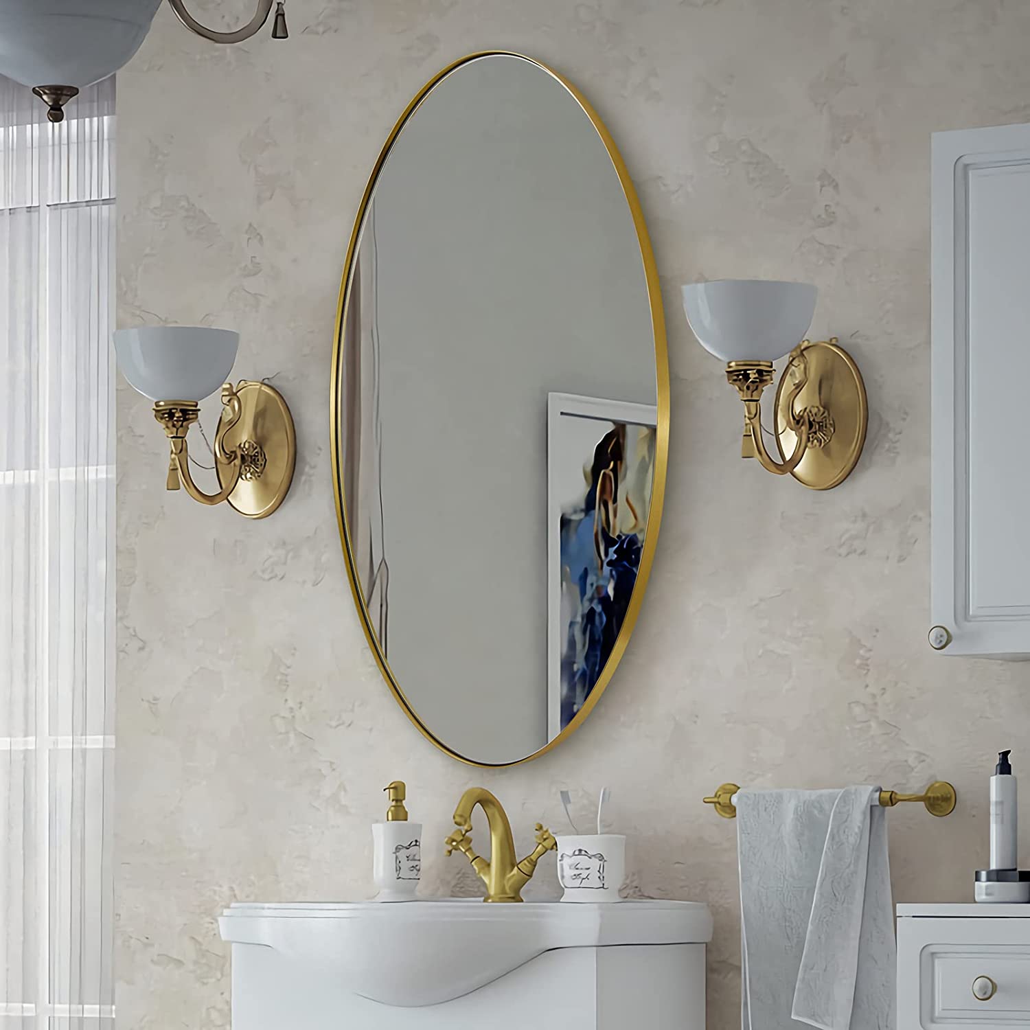 Modern Oval Wall Mounted Mirror for Bathroom Living Room | Stainless Steel Framed
