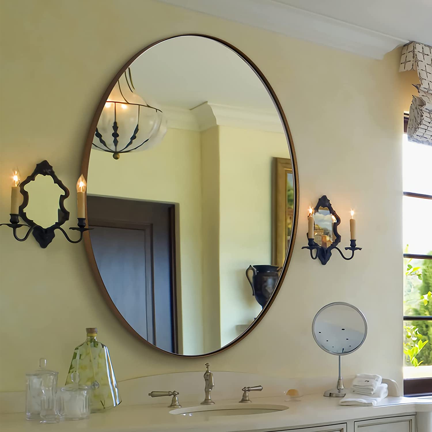 Modern Oval Wall Mounted Mirror for Bathroom Living Room | Stainless Steel Framed
