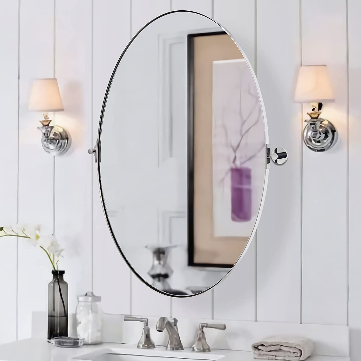 Oval Pivot Mirrors Adjustable Tilting Angle Floating Bathroom Mirror| Stainless Steel Framed