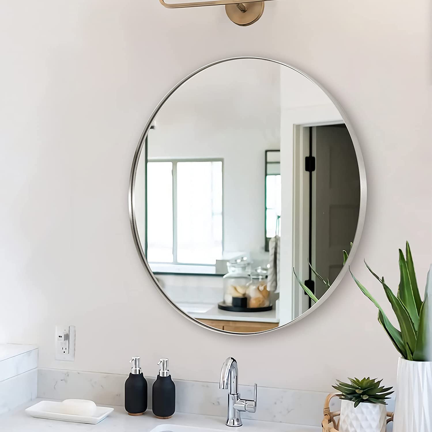 Contemporary Round Mirror for Bathroom | Stainless Steel Frame