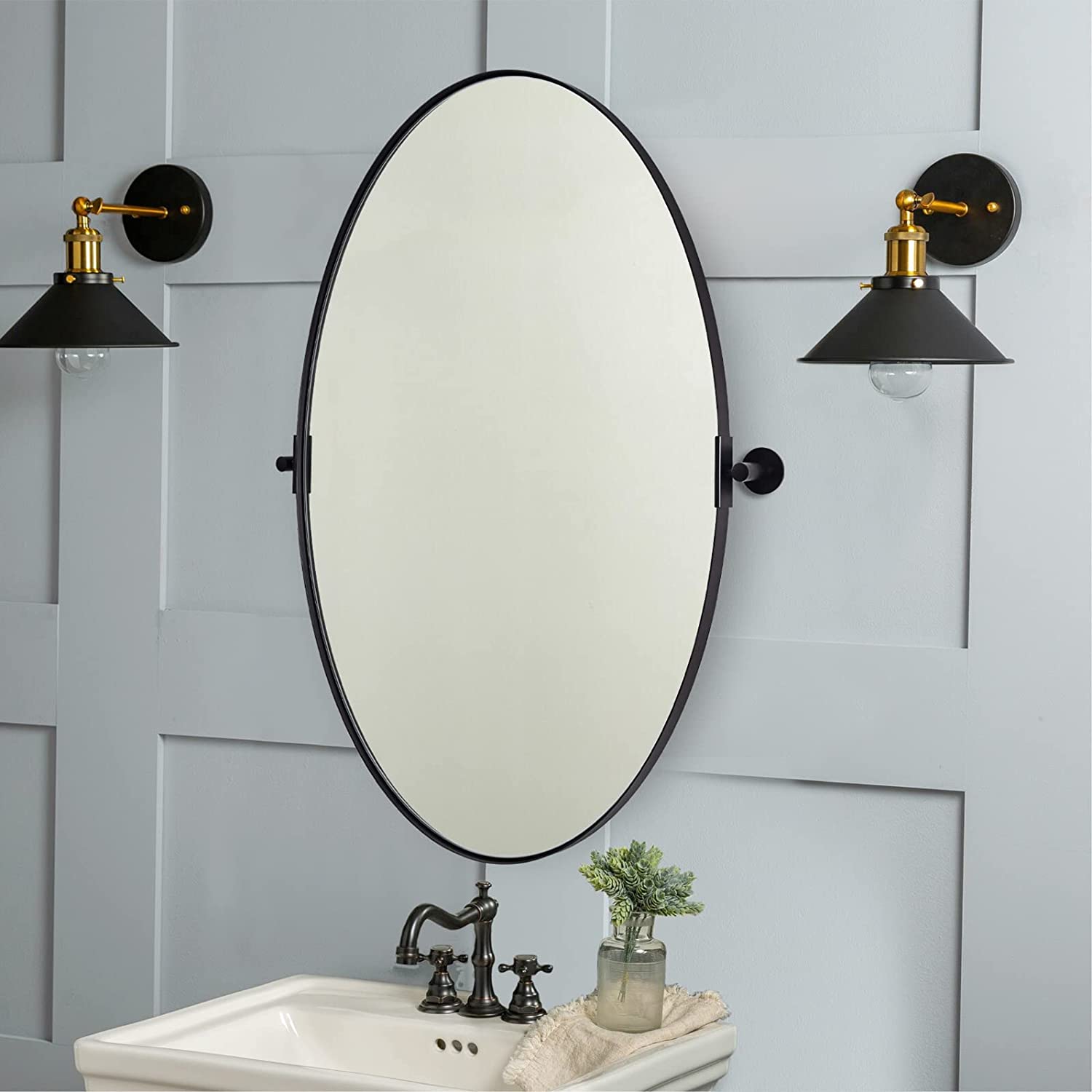 Oval Pivot Mirrors Adjustable Tilting Angle Floating Bathroom Mirror| Stainless Steel Framed