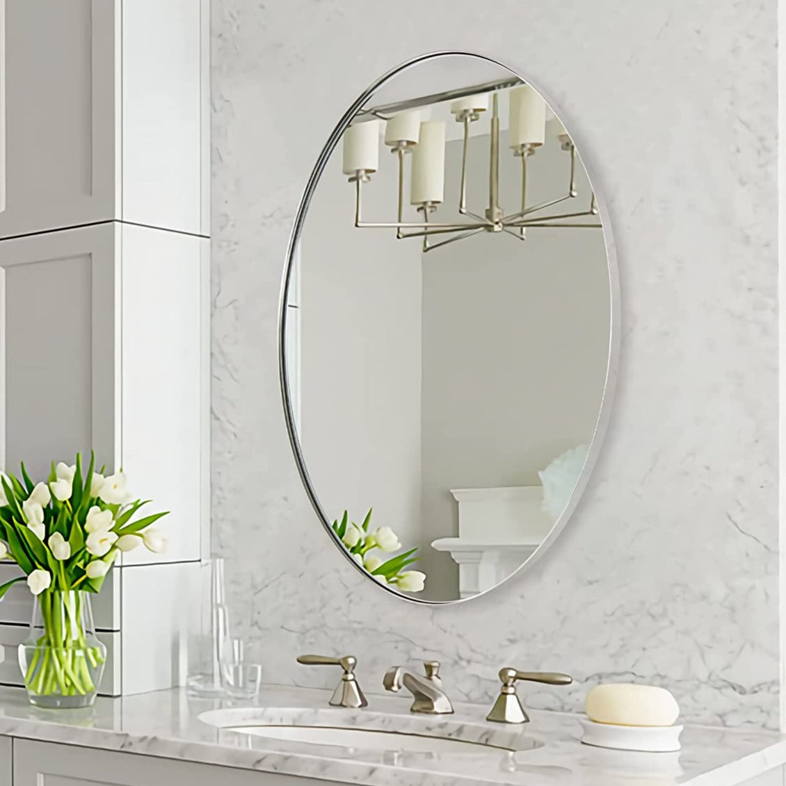 Modern Oval Wall Mounted Mirror for Bathroom Living Room | Stainless Steel Framed