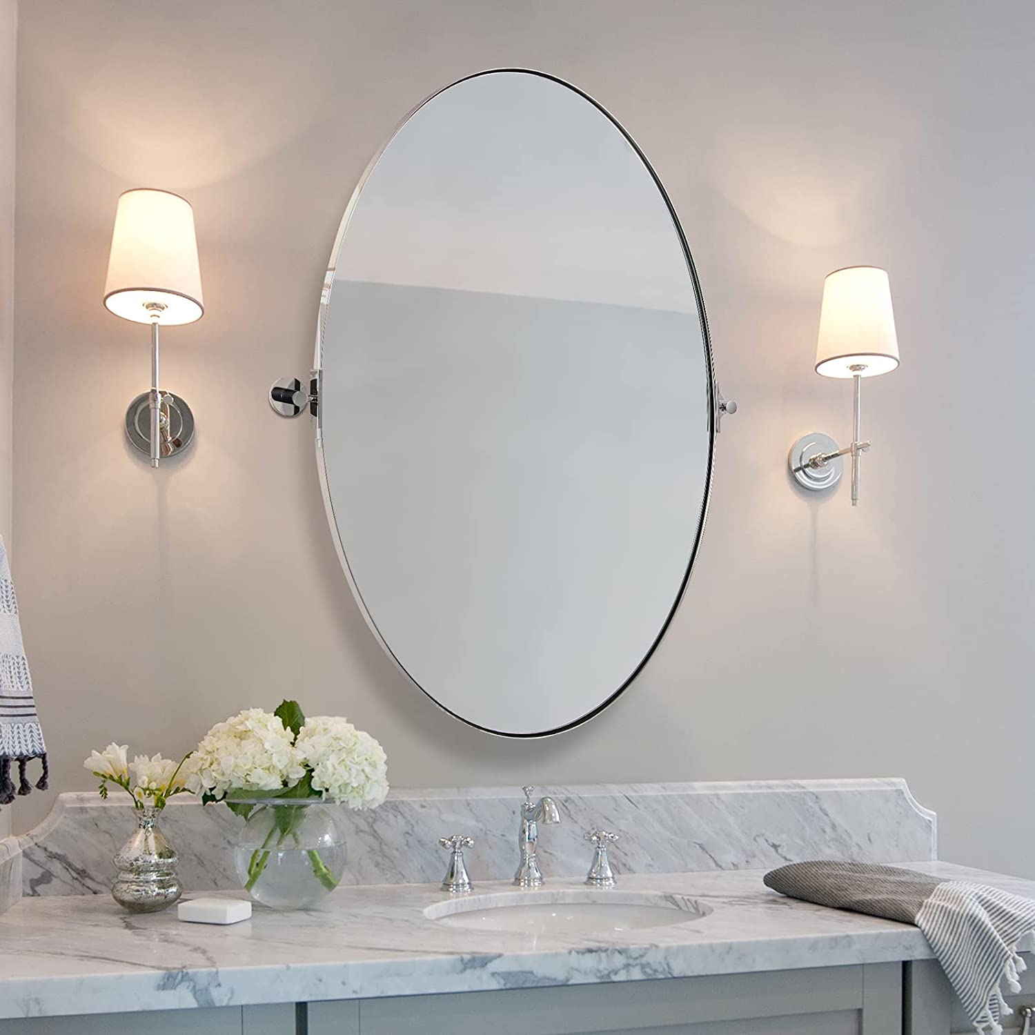 Oval Pivot Mirrors Adjustable Tilting Angle Floating Bathroom Mirror| Stainless Steel Framed