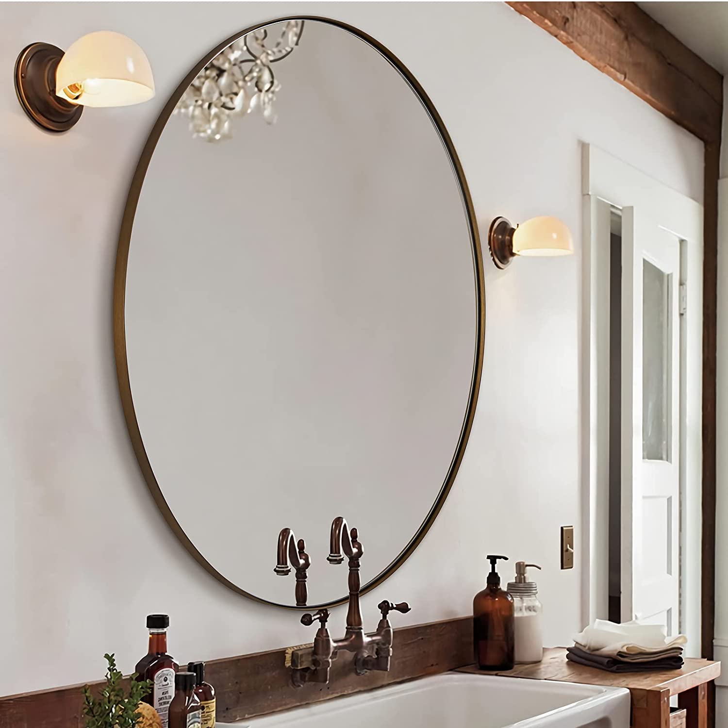 Modern Oval Wall Mounted Mirror for Bathroom Living Room | Stainless Steel Framed