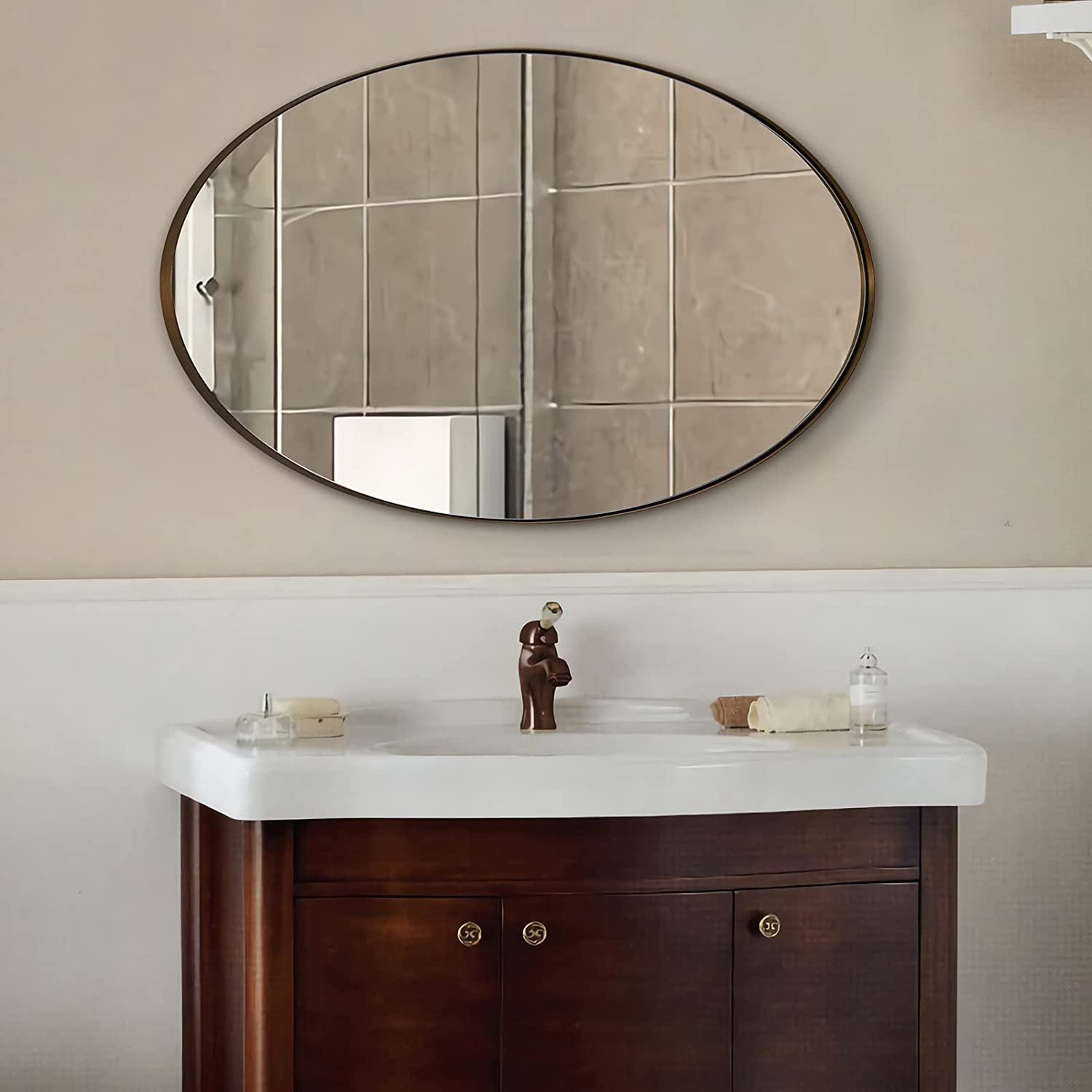 Modern Oval Wall Mounted Mirror for Bathroom Living Room | Stainless Steel Framed