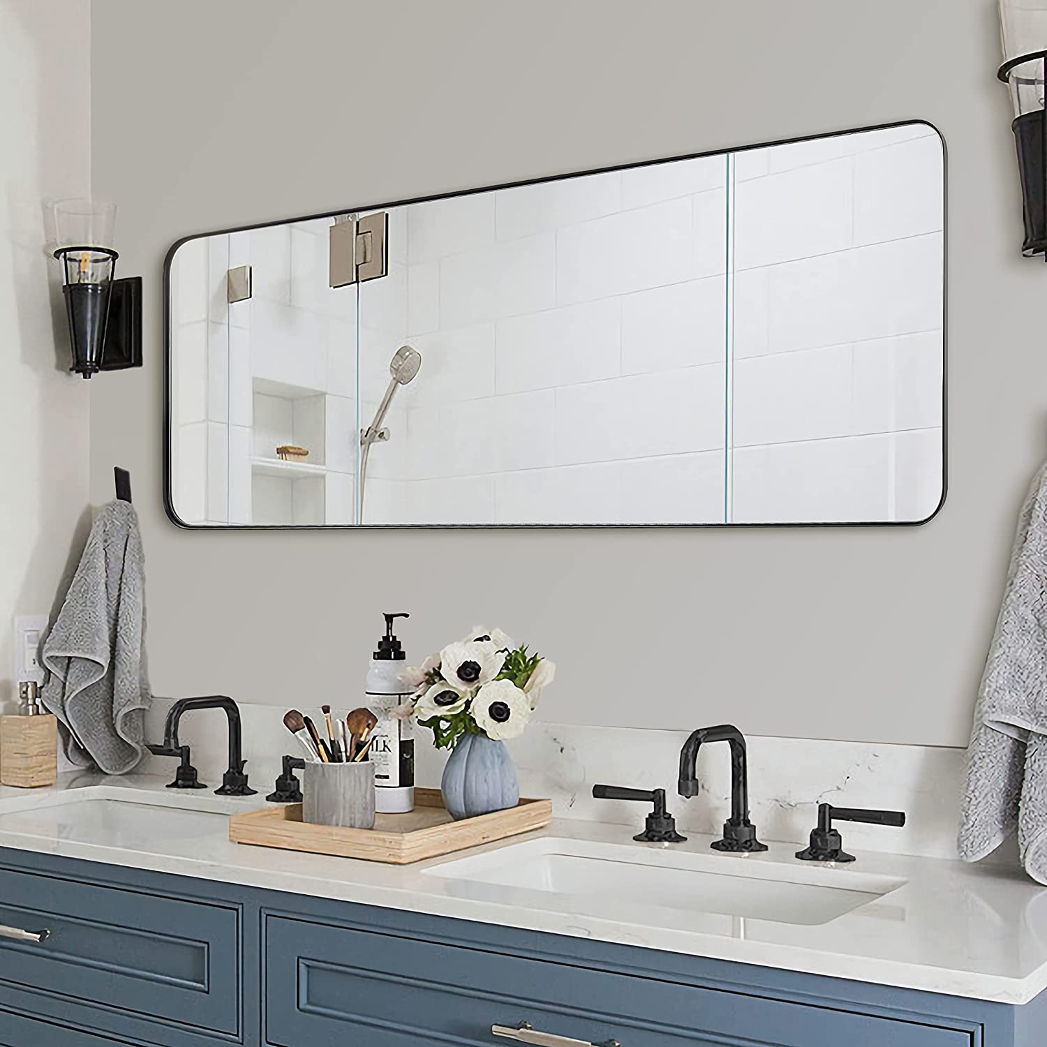 Open Box Like New : Modern Rounded Rectangle Mirror for Bathroom/ Vanity/ Wall | Stainless Steel Frame