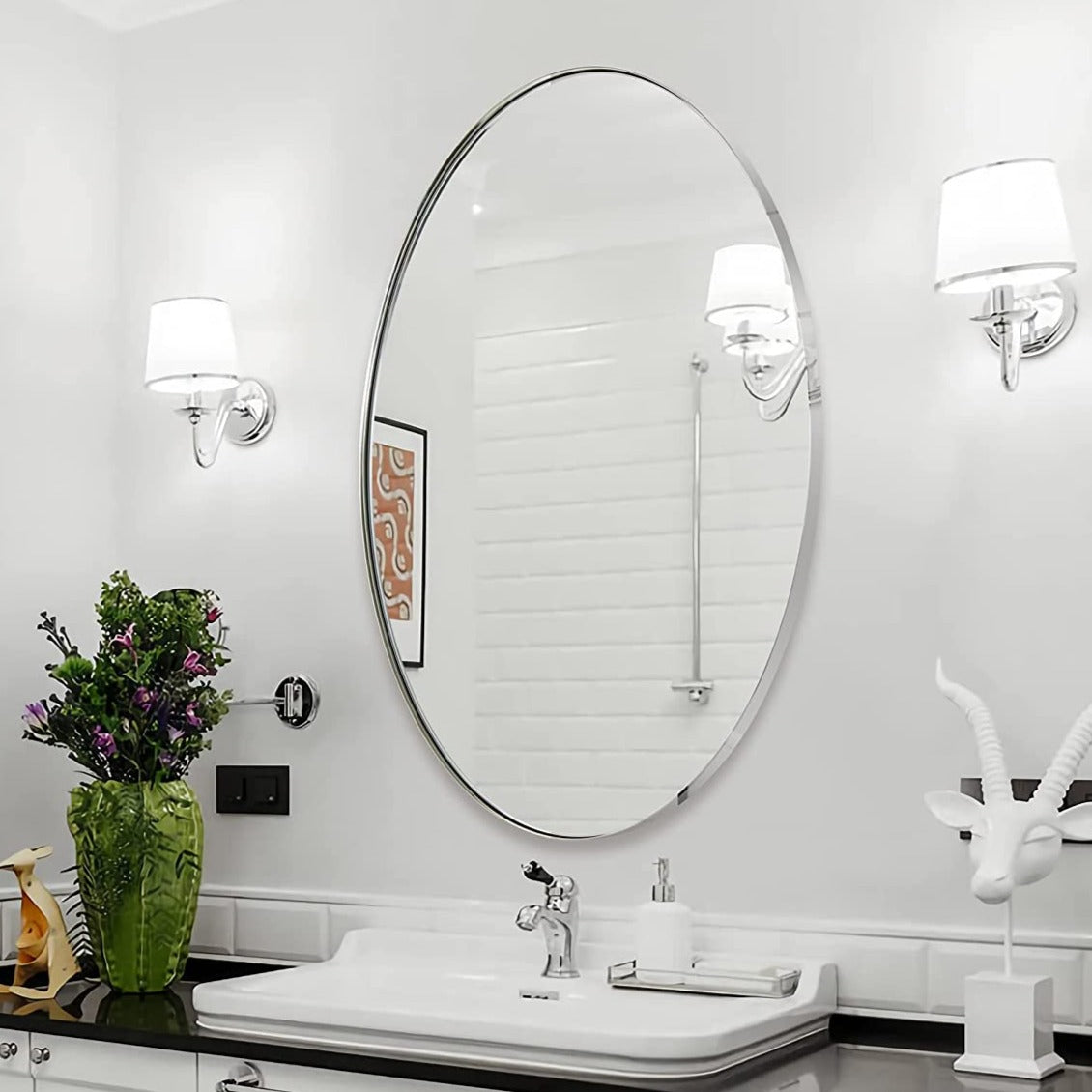 Modern Oval Wall Mounted Mirror for Bathroom Living Room | Stainless Steel Framed