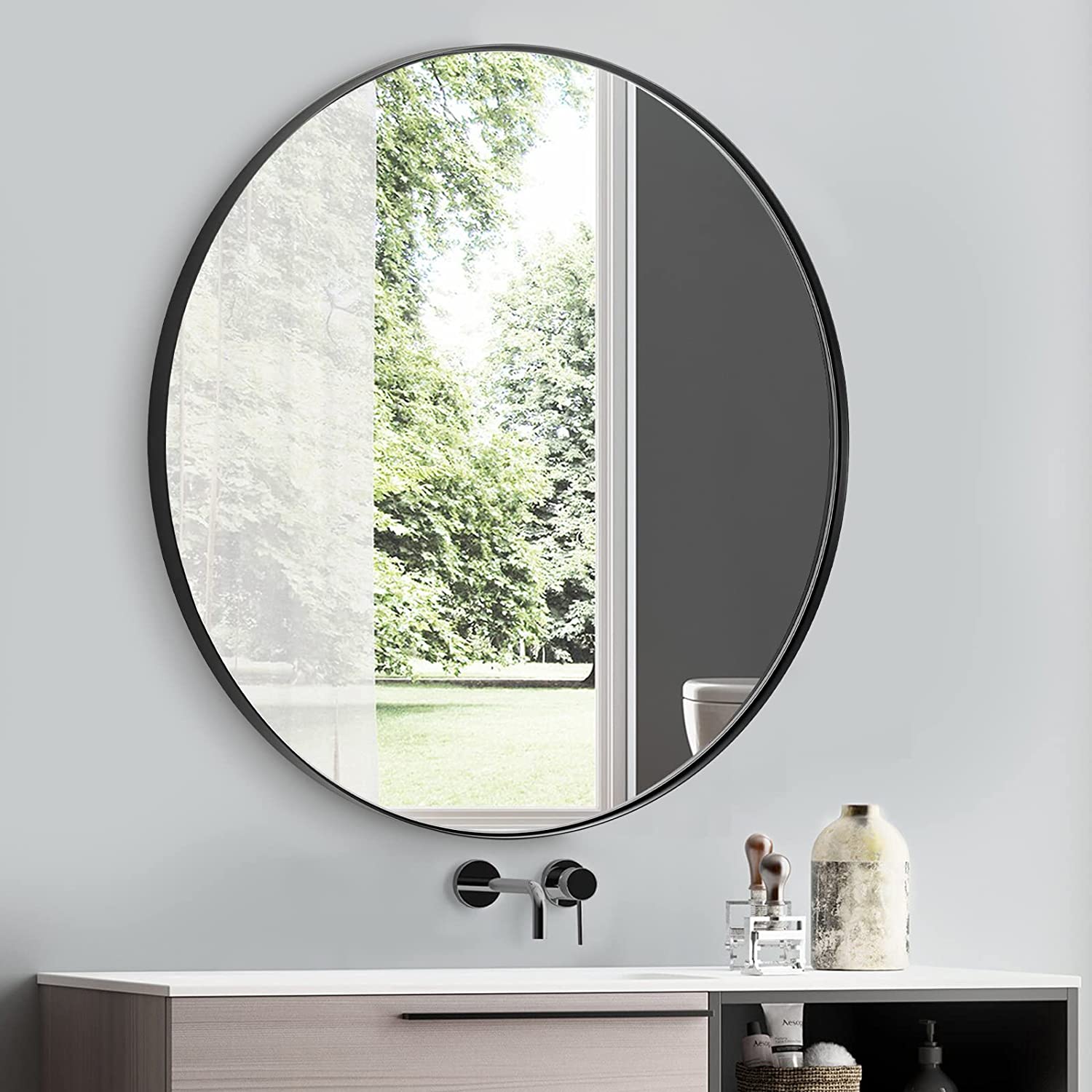 Contemporary Round Mirror for Bathroom | Stainless Steel Frame