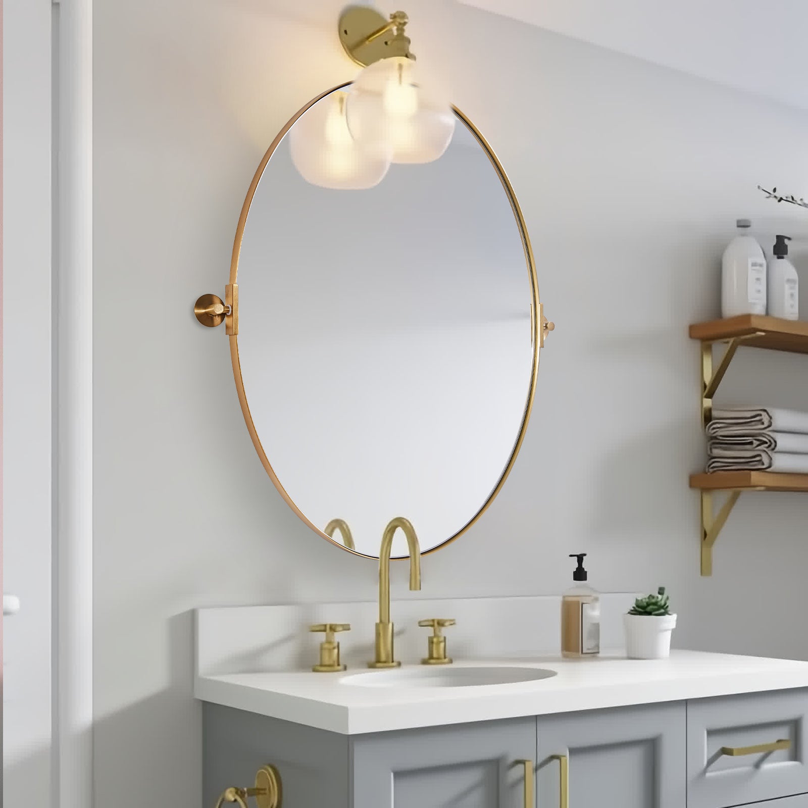 Oval Pivot Mirrors Adjustable Tilting Angle Floating Bathroom Mirror| Stainless Steel Framed