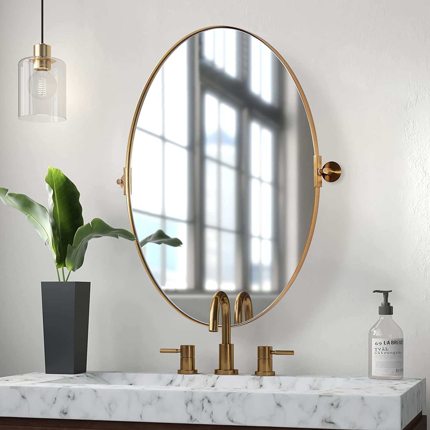 Oval Pivot Mirrors Adjustable Tilting Angle Floating Bathroom Mirror| Stainless Steel Framed