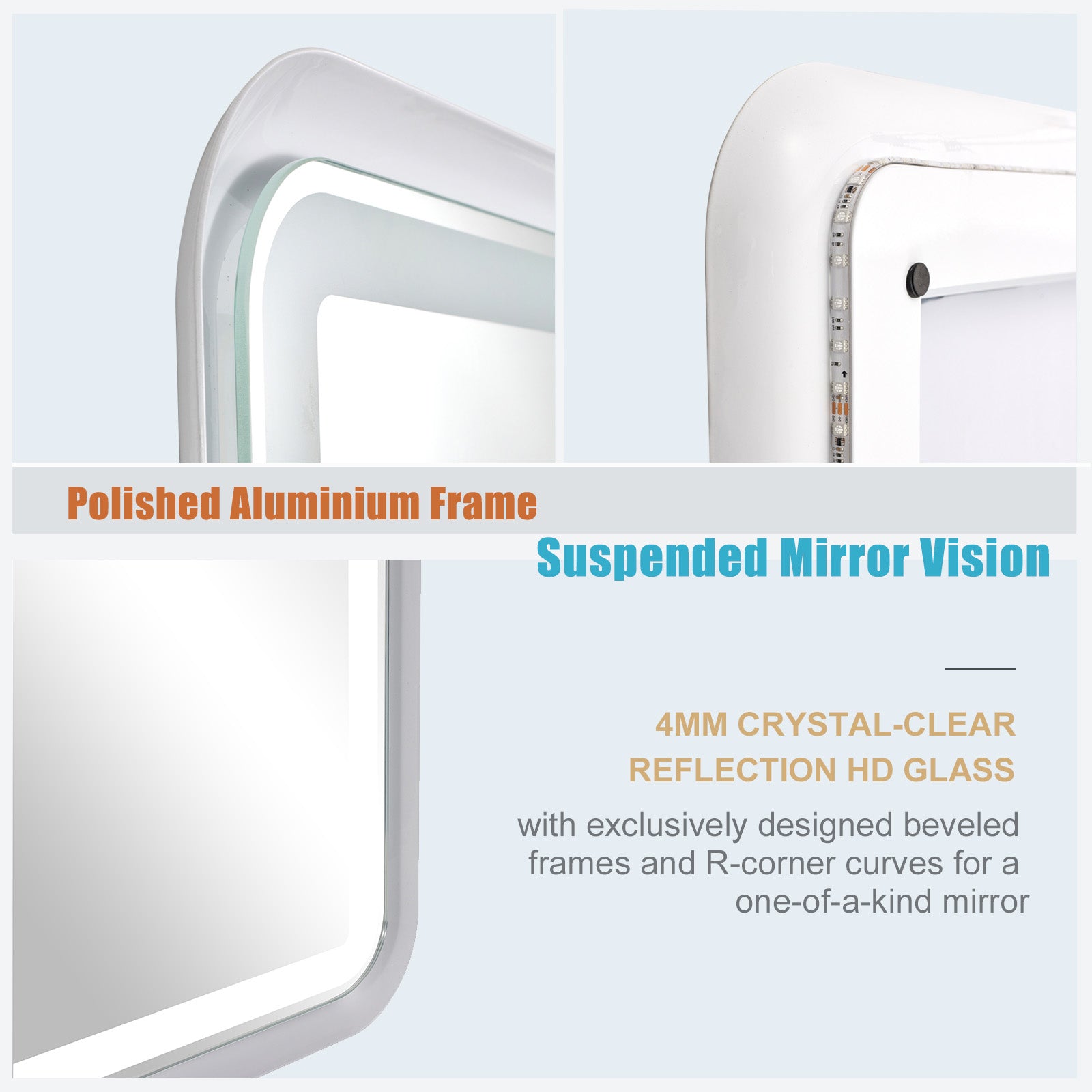 Mirage R11 Led Vanity Mirrors Beveled Metal Framed Illuminated Mirrors Rectangular Lighted Mirror - Anti-Fog and Dual WRGB Backlit + Front-Lit (Horizontal/Vertical)