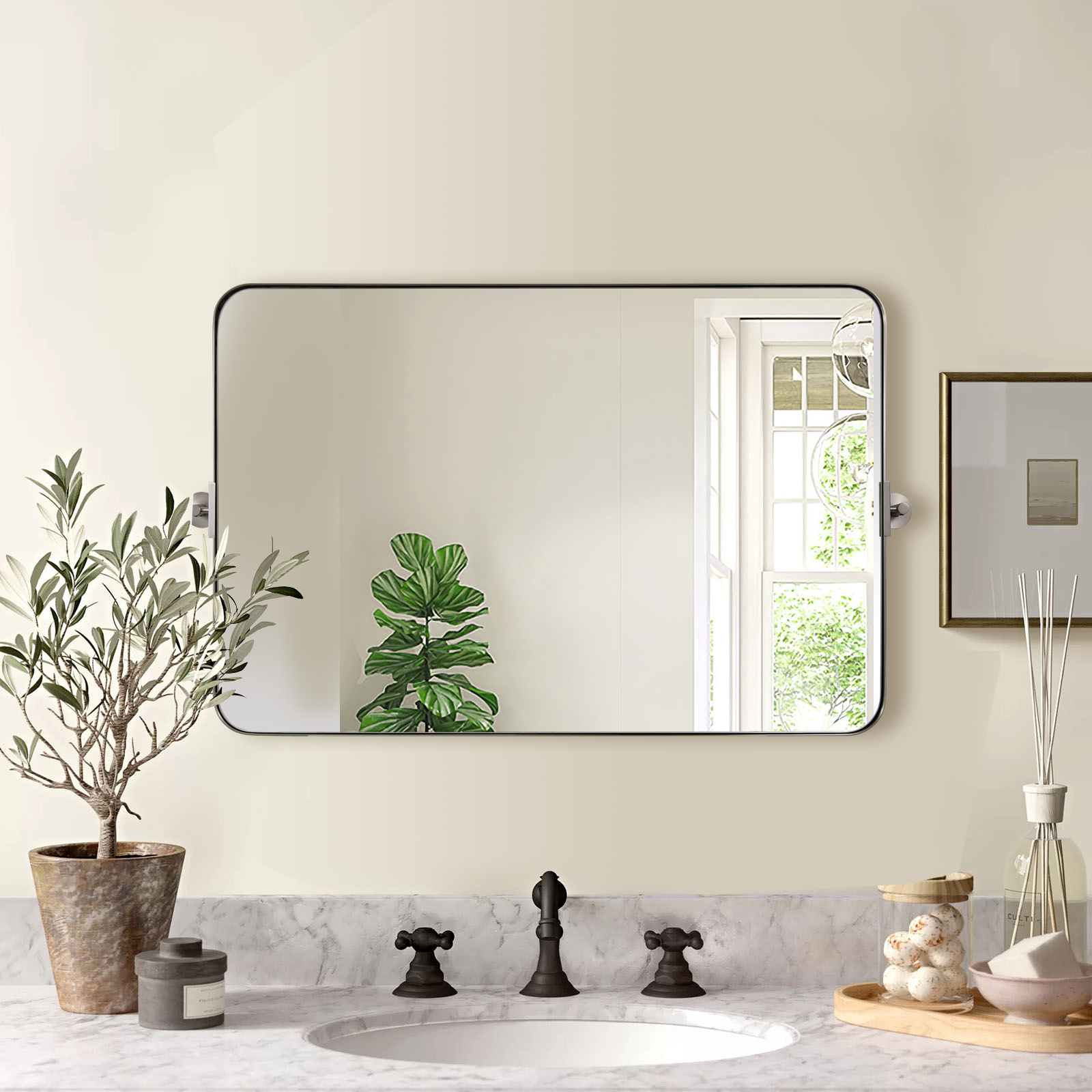 Open Box Like New: Tilting Pivot Rectangular Bathroom Mirrors | Stainless Steel Frame