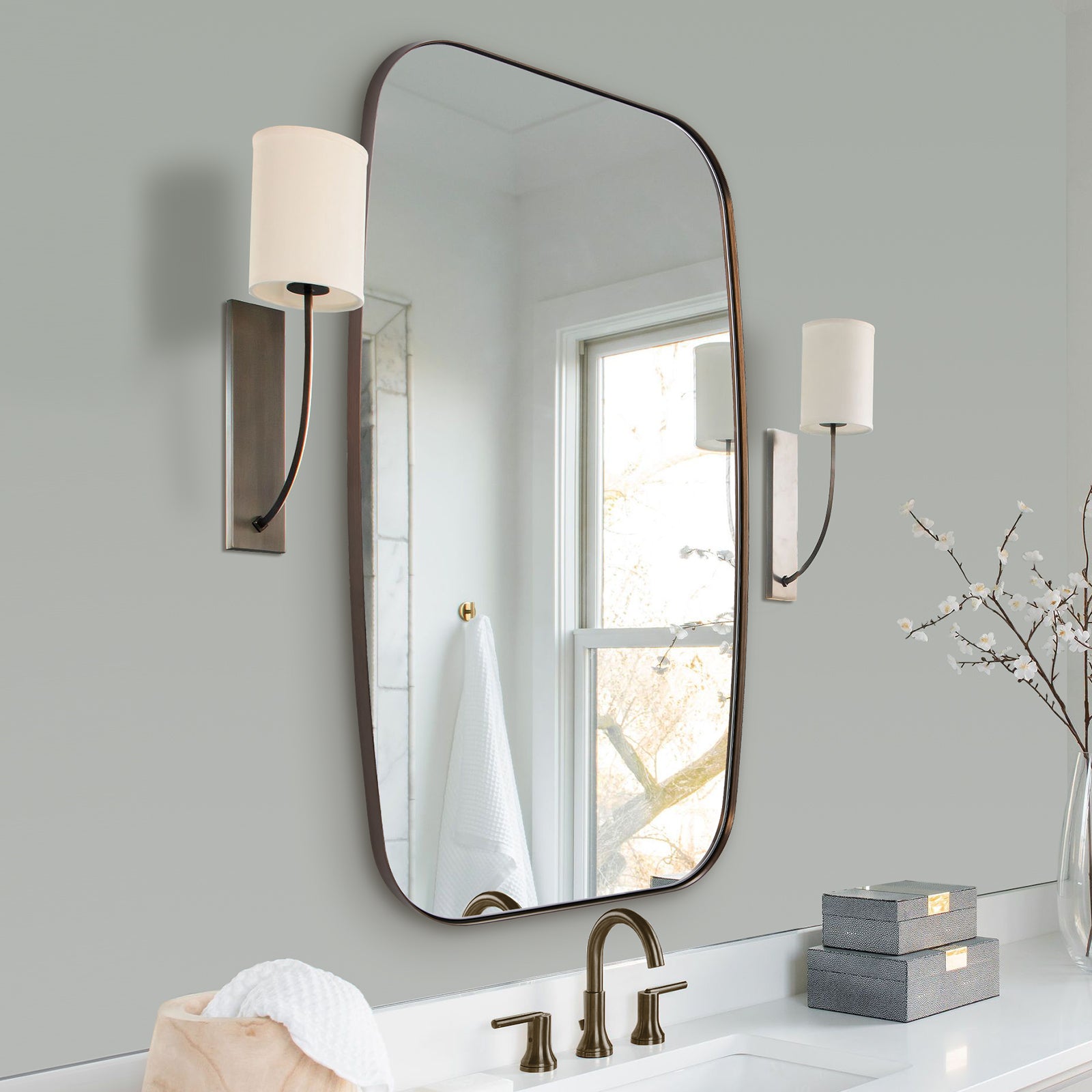 Modern Oblong Bathroom Mirror Long Oval Mirror with Stainless Steel Frame