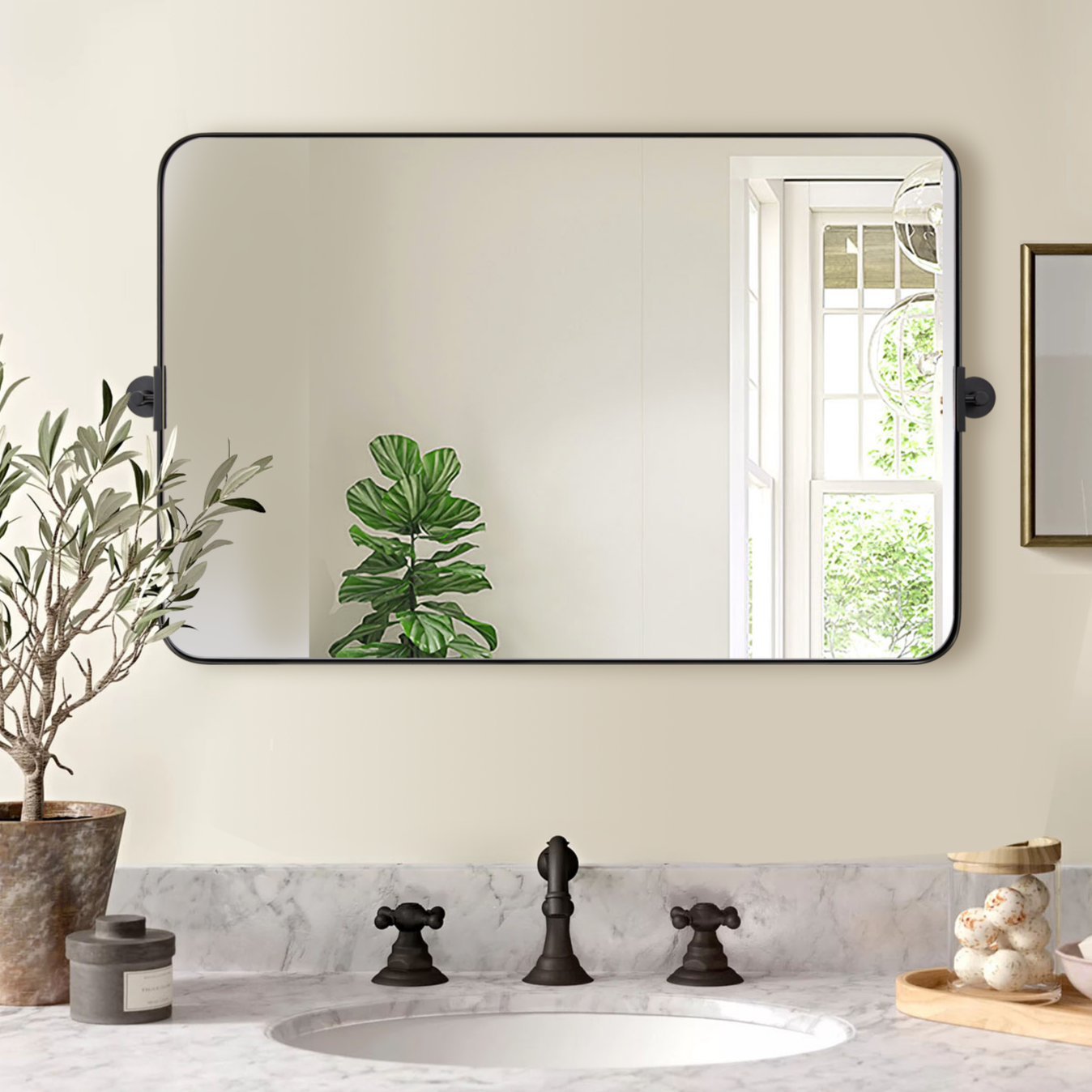 Horizontally Tilting Pivot Rectangle Mirrors for Bathroom | Stainless Steel Frame