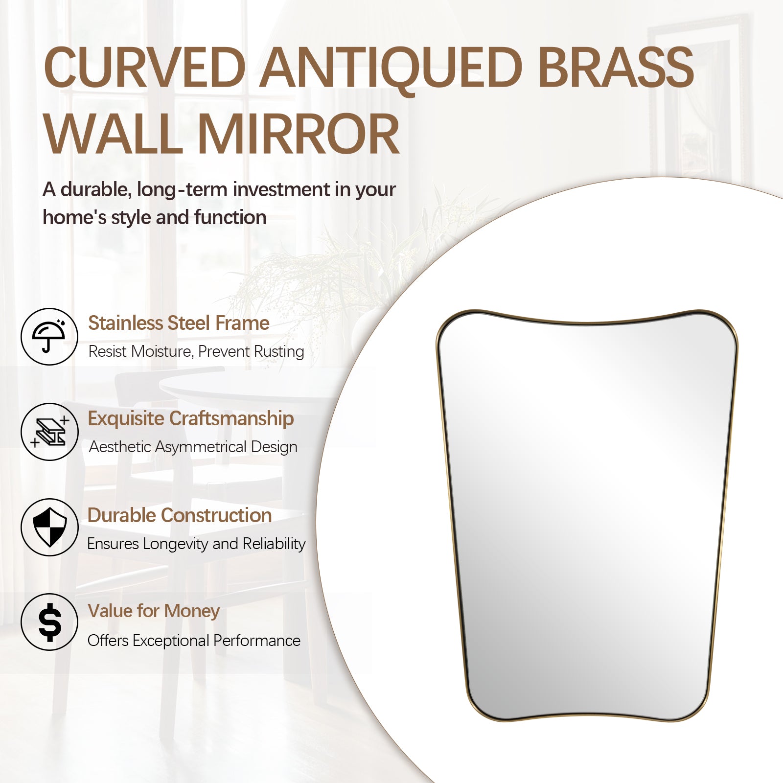 Concave Top Rectangle Irregular Scalloped Bathroom Vanity Mirror Asymmetrical Mirror in Stainless Steel Metal Frame