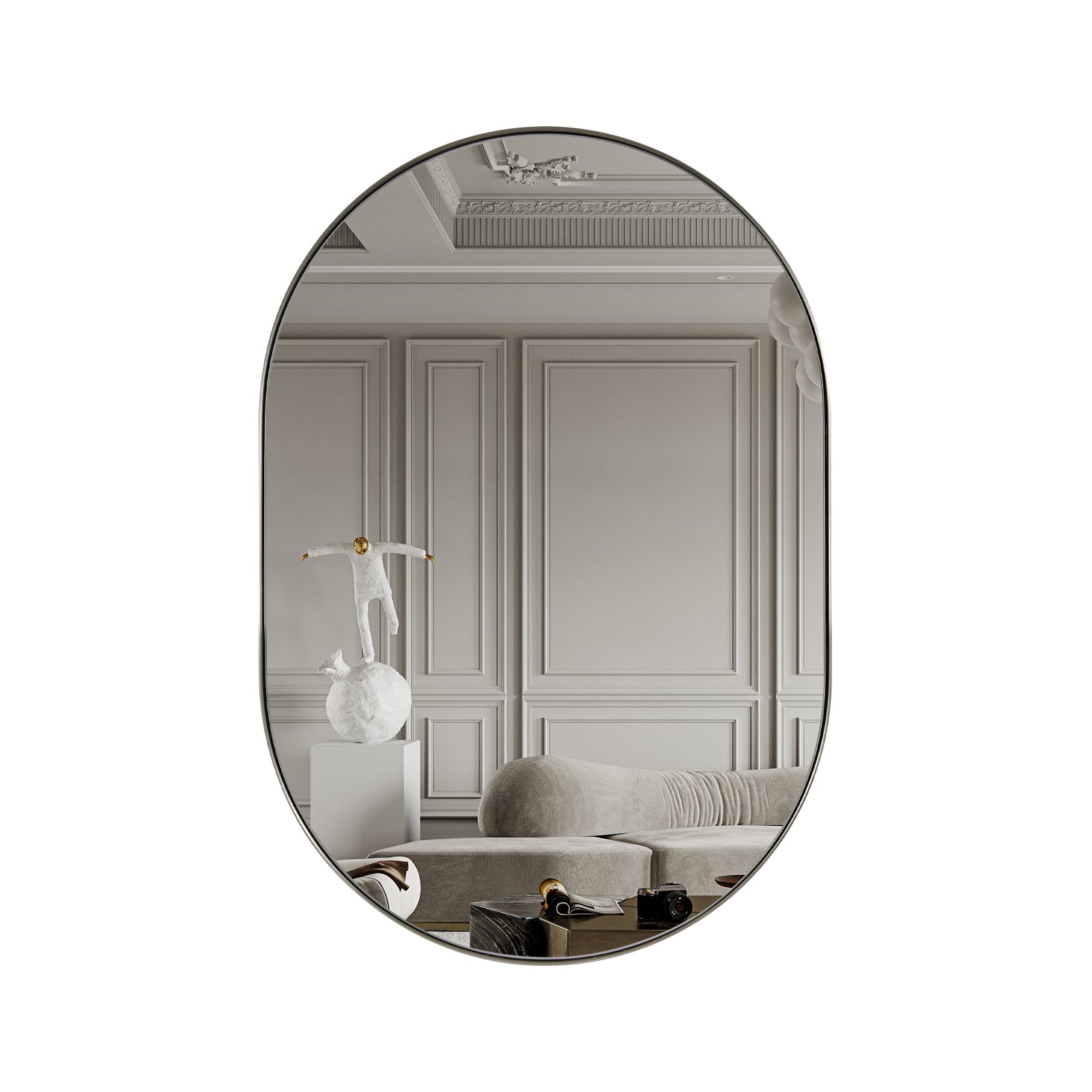 Open Box Like New : Contemporary Pill / Capsule Shaped Bathroom Wall Mirrors | Stainless Steel Framed