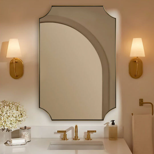 Contemporary  Notched Corner Scalloped  Rectangle Bathroom Wall Mirror | Stainless Steel Frame