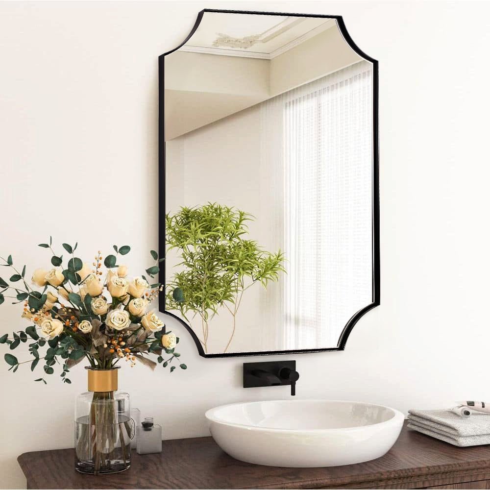 Traditinoal Notched Corner Metal Framed Scalloped Bathroom Wall Mirror Black