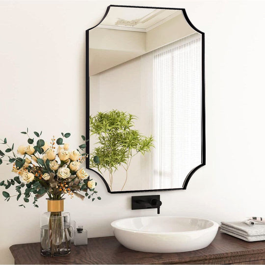 Contemporary  Notched Corner Scalloped  Rectangle Bathroom Wall Mirror | Stainless Steel Frame