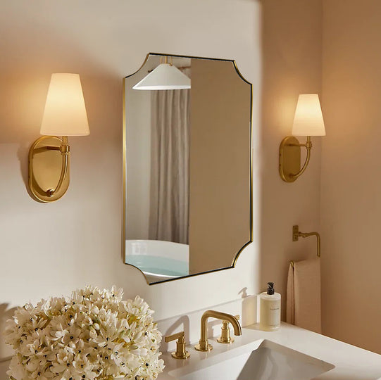 Contemporary  Notched Corner Scalloped  Rectangle Bathroom Wall Mirror | Stainless Steel Frame