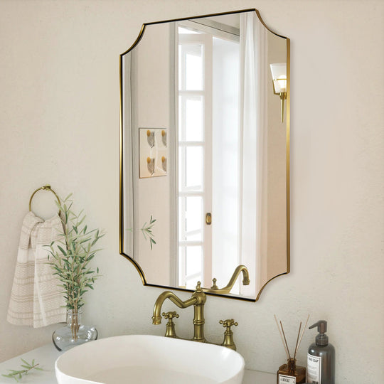 Contemporary  Notched Corner Scalloped  Rectangle Bathroom Wall Mirror | Stainless Steel Frame