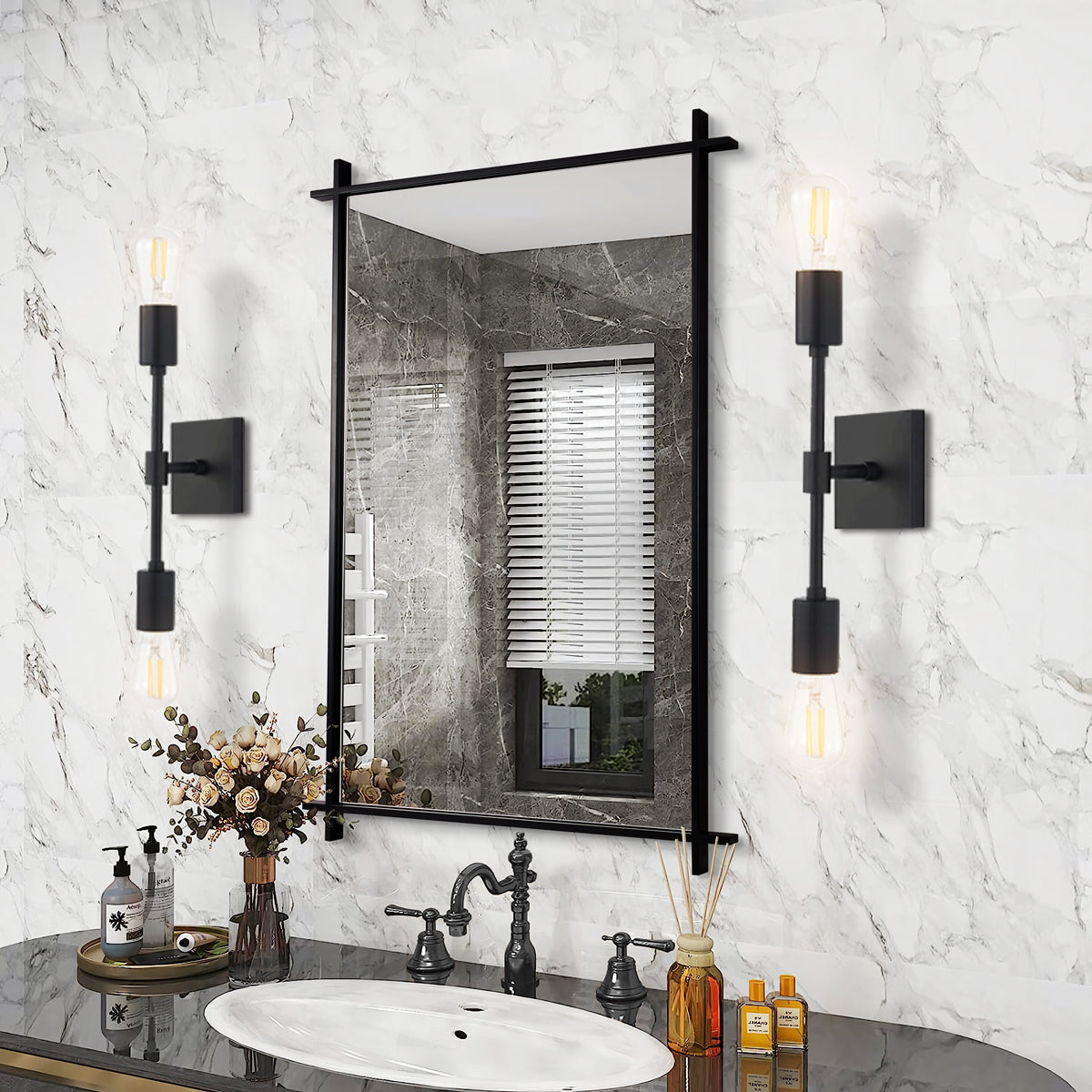 Industrial Cross Corner Iron Metal Rectangle Wall Mirror for Bathroom,Living Room